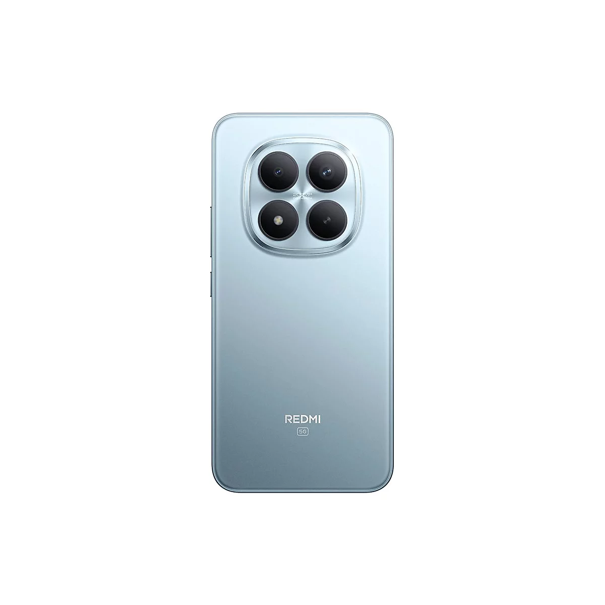 Hellblaues Smartphone von hinten, mit vier Kameras in einem runden Modul. Am unteren Ende steht „REDMI 5G“.