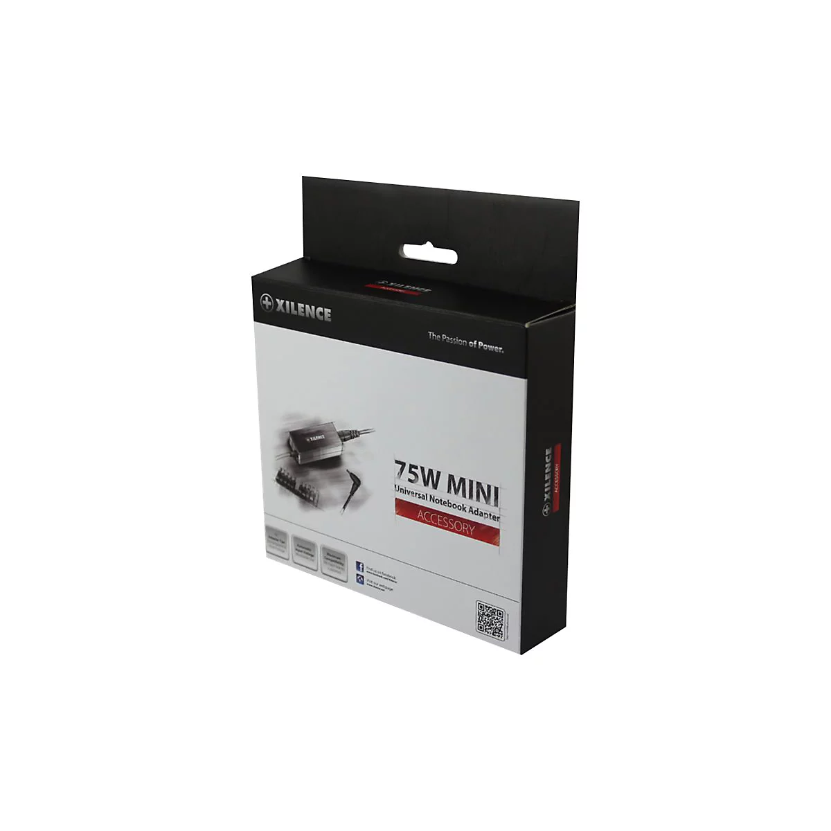 Schwarzer Karton mit einem Laptop-Netzteil. Aufschrift 75W MINI Universal Notebook Adapter.