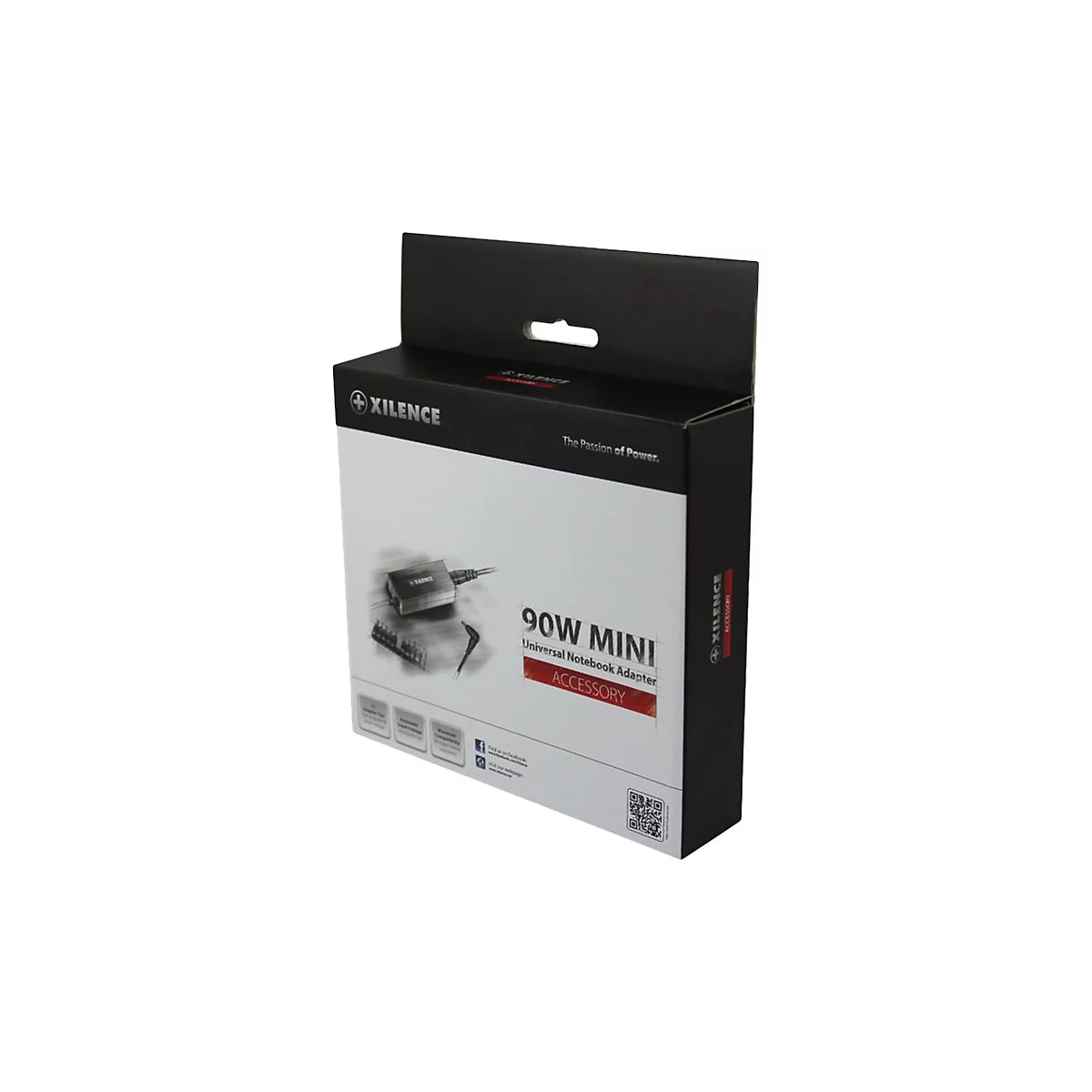 Verpackung eines 90W Mini Universal Notebook Adapters. Schwarz-weiÃŸ Design mit Produktabbildung und Text.