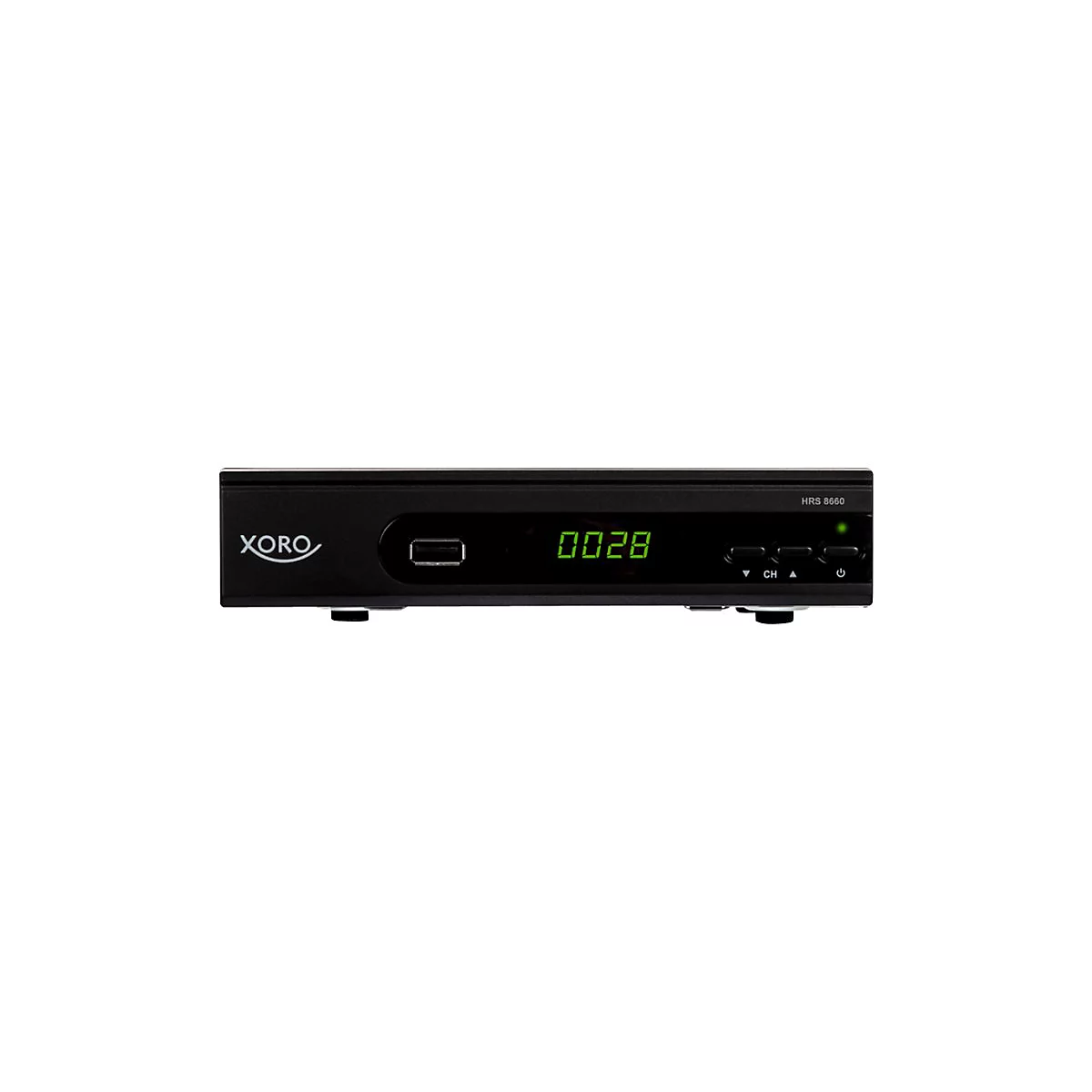 Schwarze Xoro-Set-Top-Box mit LED-Anzeige, die 0028 zeigt. Weitere Beschriftungen: USB, CH, Hrs 8660.
