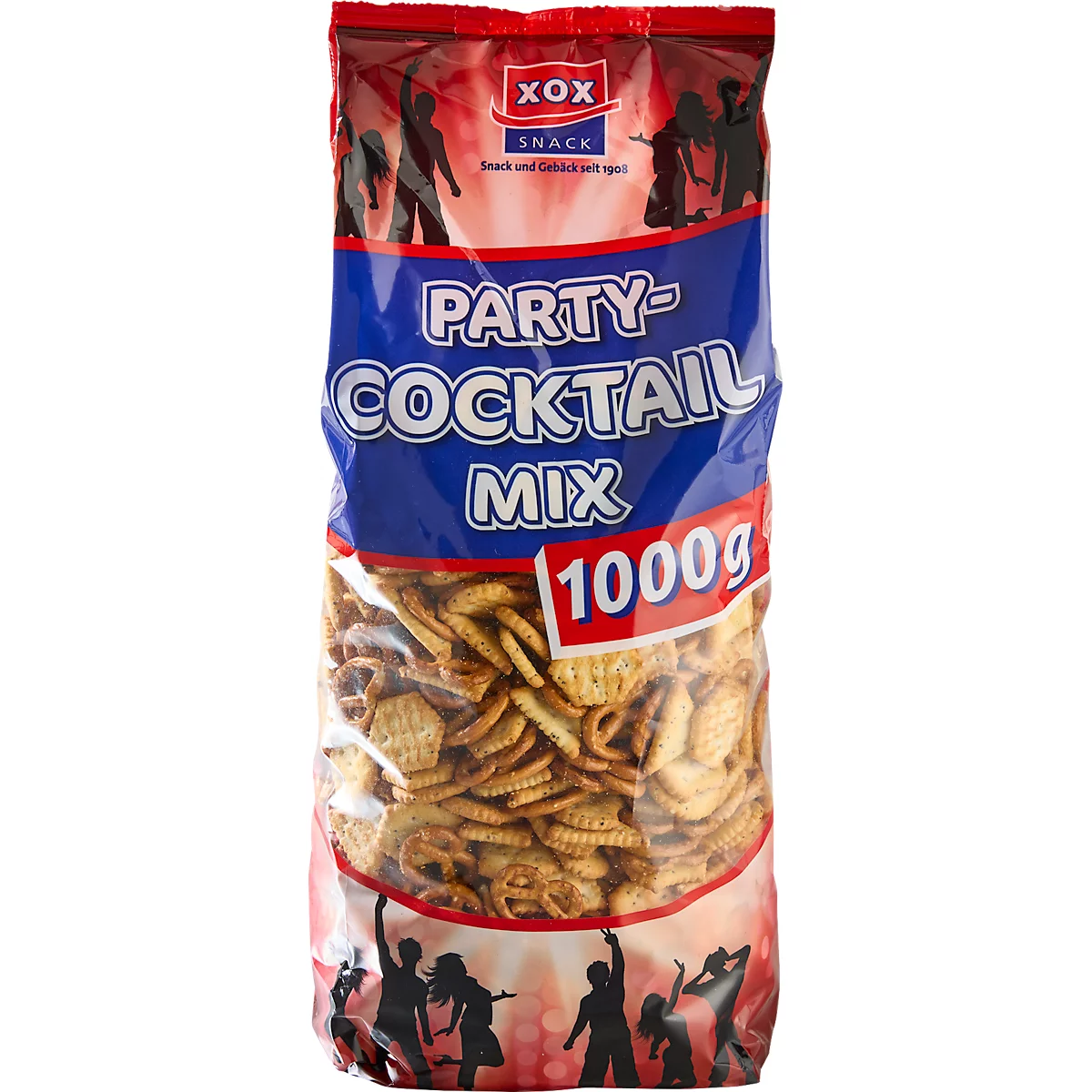 Un sac de Party Cocktail Mix. Silhouettes dansant sur fond rouge, avec les mots "Party Cocktail Mix". "1000g" en bas à droite.