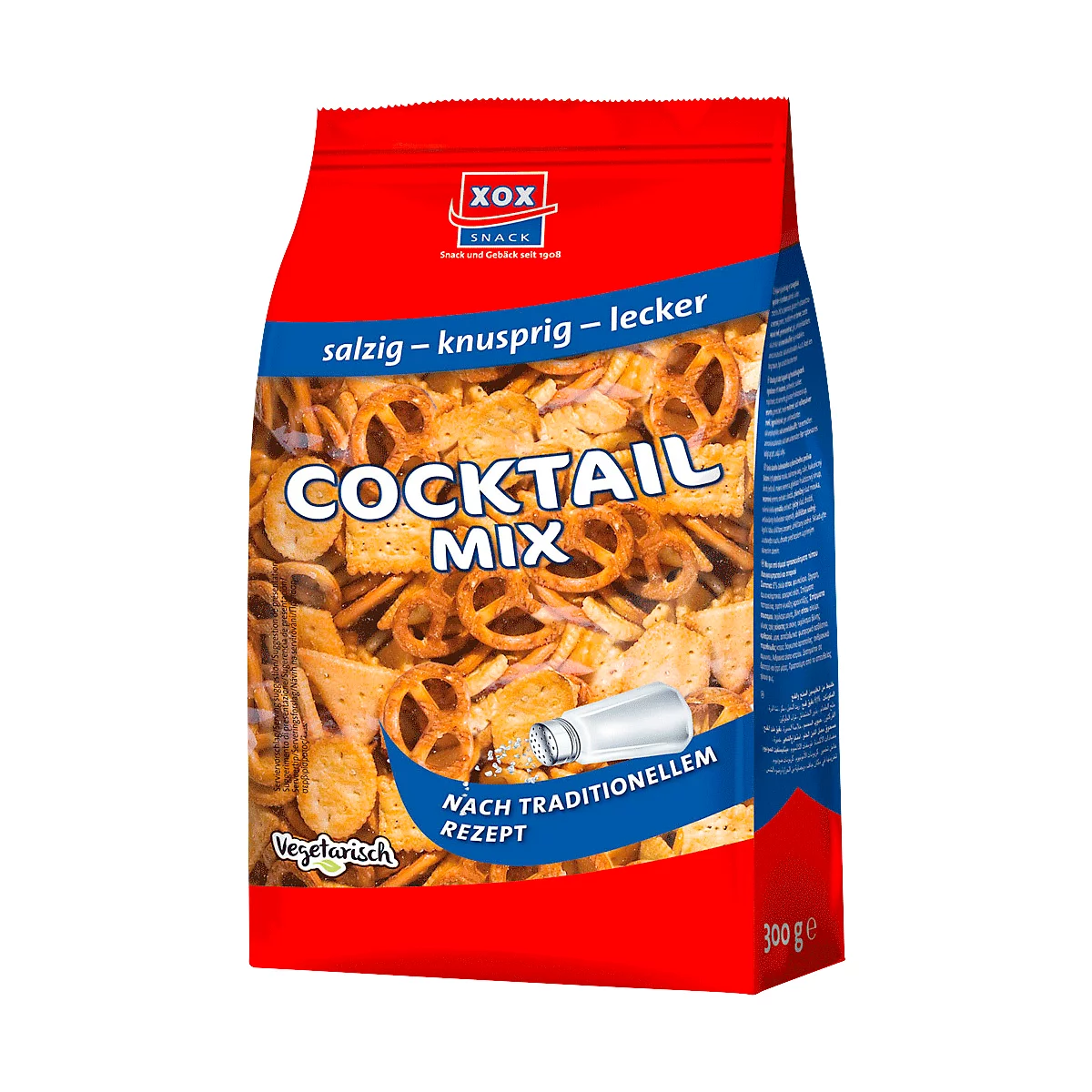 Un sachet de cocktail mix. L'emballage est rouge avec du texte bleu, le produit est visible au milieu. L'emballage indique "Cocktail Mix", "salé-croustillant-délicieux".