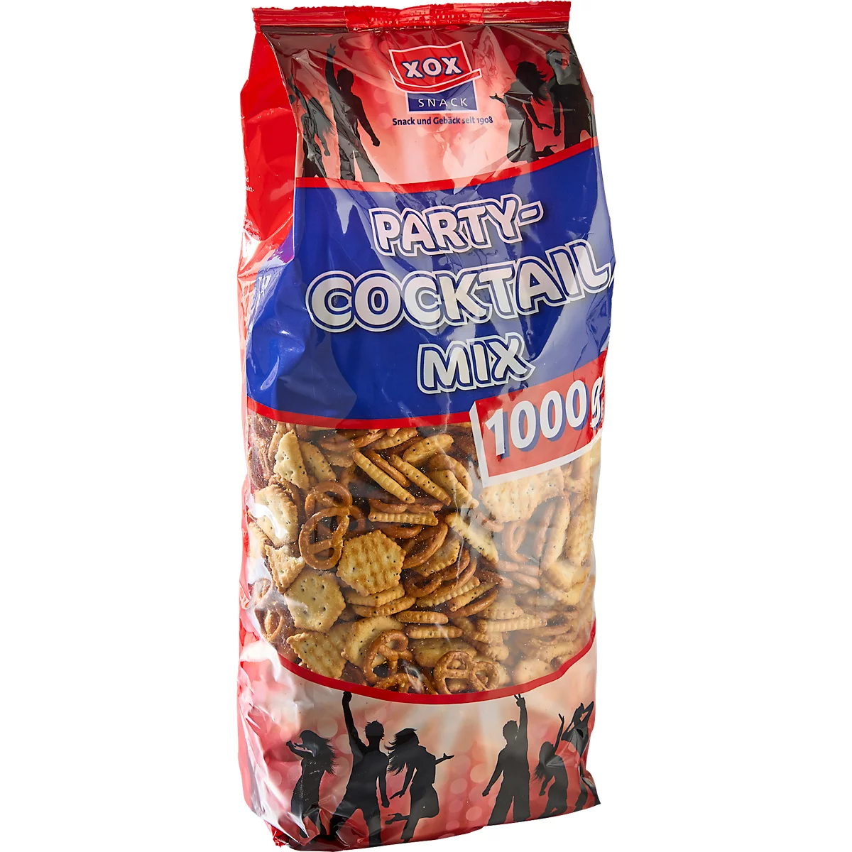 Eine Tüte Party-Cocktail Mix. Enthält verschiedene Snacks, Gewicht 1000g, Party-Motiv am unteren Rand.