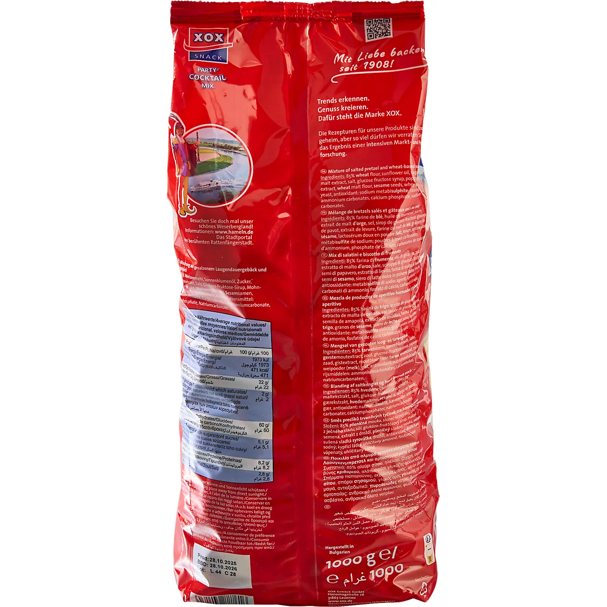 Rote Tüte mit Texten in Deutsch, z.B. „Meine Liebe besteht seit 1908“.