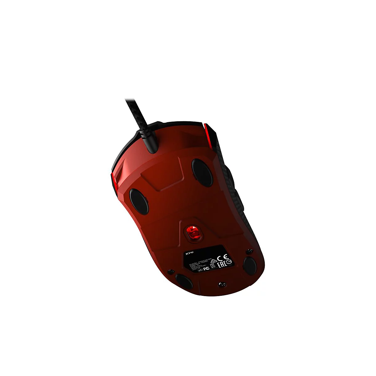 Rote Gaming-Maus mit schwarzem Kabel, Unteransicht. Die Maus hat schwarze Knöpfe und ein Logo.