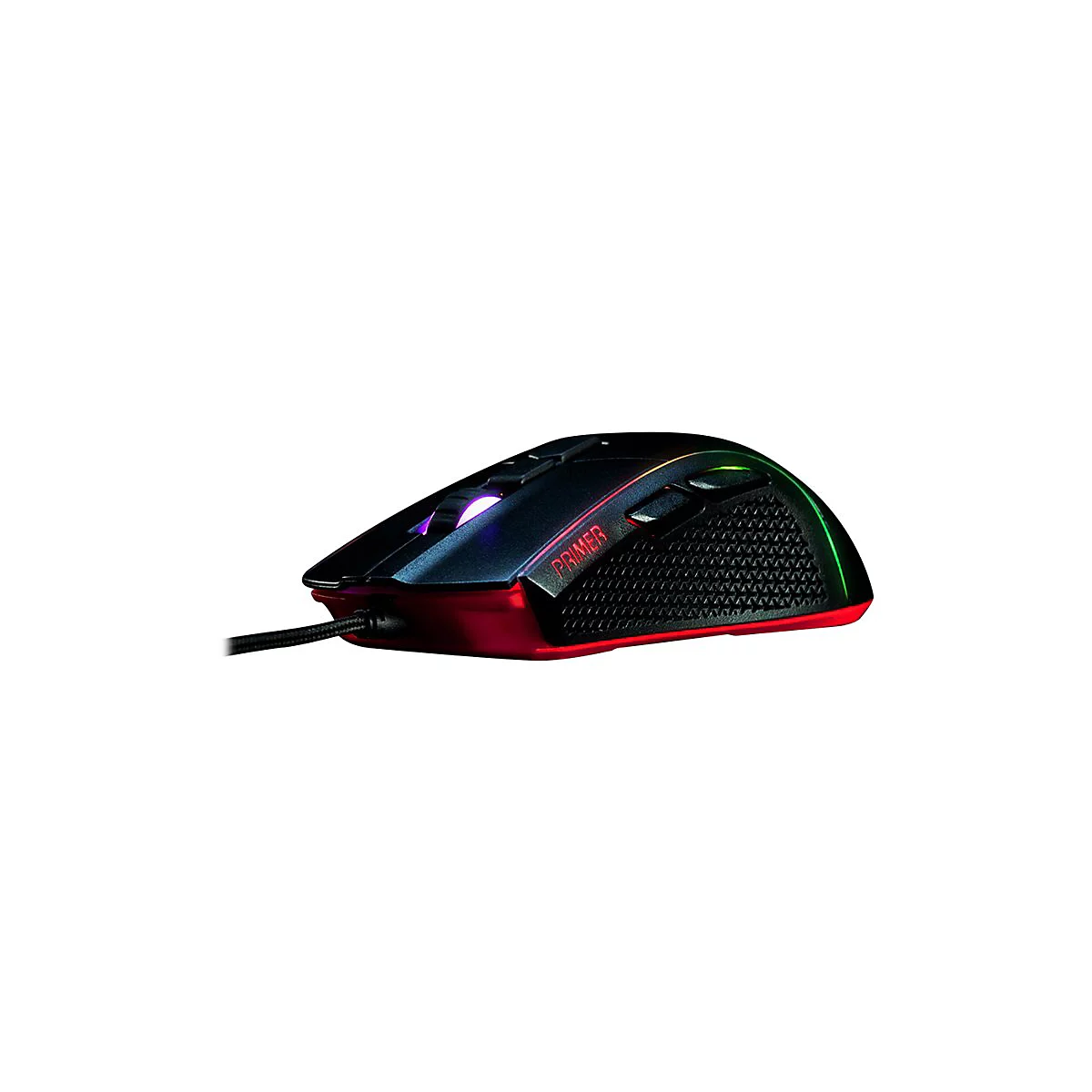 Schwarze Gaming-Maus mit roten und grünen LED-Lichtern. Auf der Seite steht der Name "PRIMER".