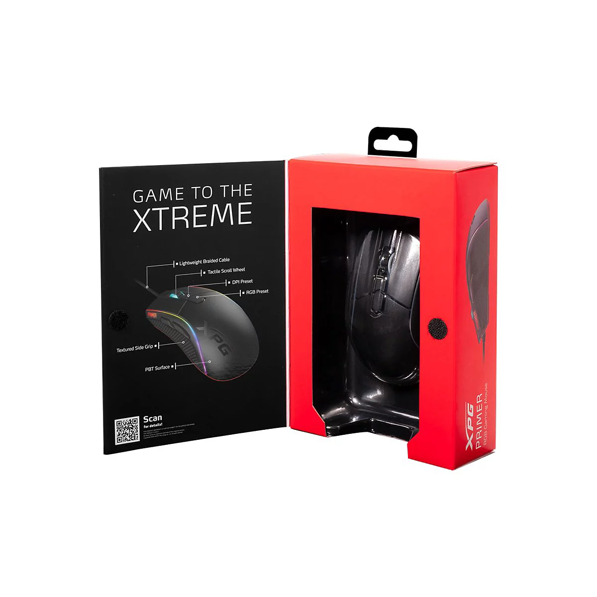 Ein Gaming-Maus-Set in einer roten und schwarzen Verpackung. Die Maus ist schwarz und mit bunten Lichtern versehen. Auf der Verpackung steht "GAME TO THE XTREME".