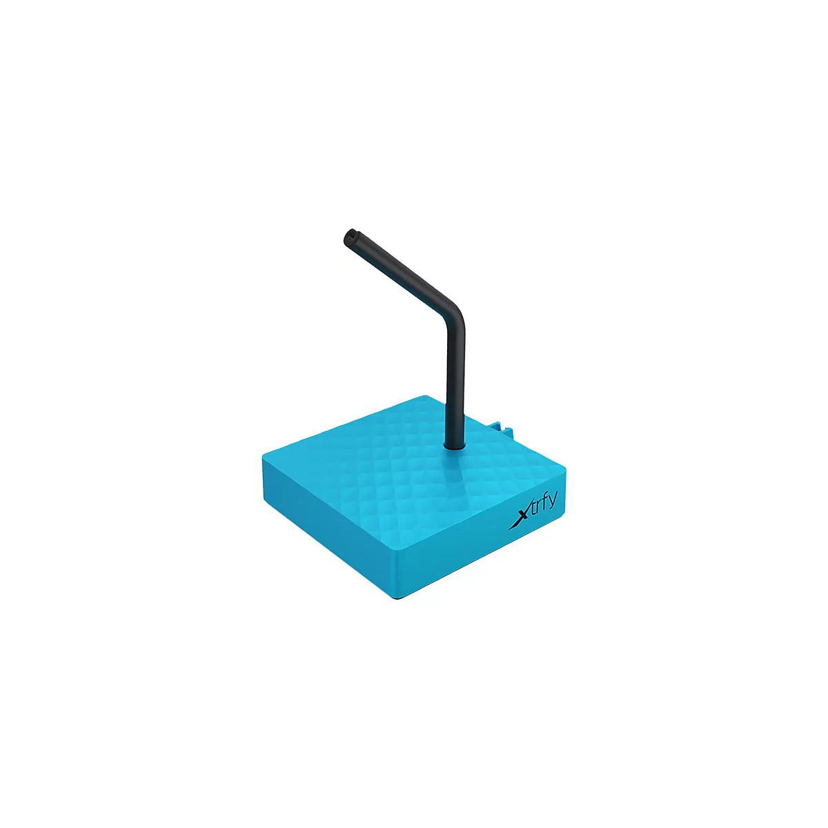 Blaues Mikrofon mit schwarzem Mikrofonarm auf weißem Hintergrund.