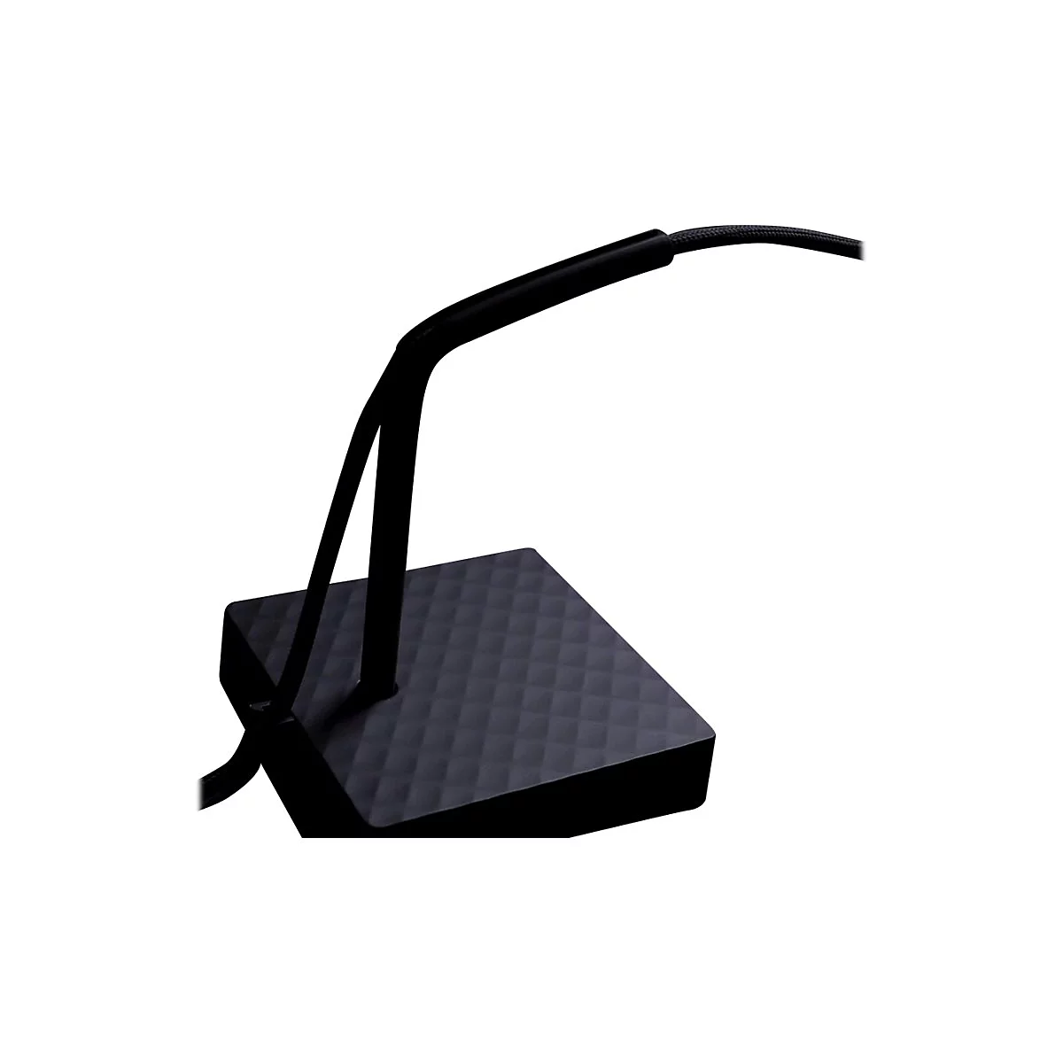 Schwarzer Mikrofonarm mit quadratischem Sockel mit rautenförmiger Textur, verbunden mit einem geflochtenen Kabel.