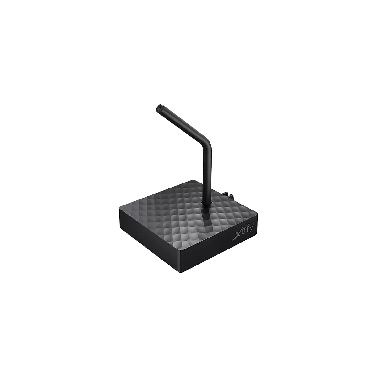 Schwarze Maus Bungee mit quadratischer Basis und gebogenem Arm. Logo 'Xtrfy'.