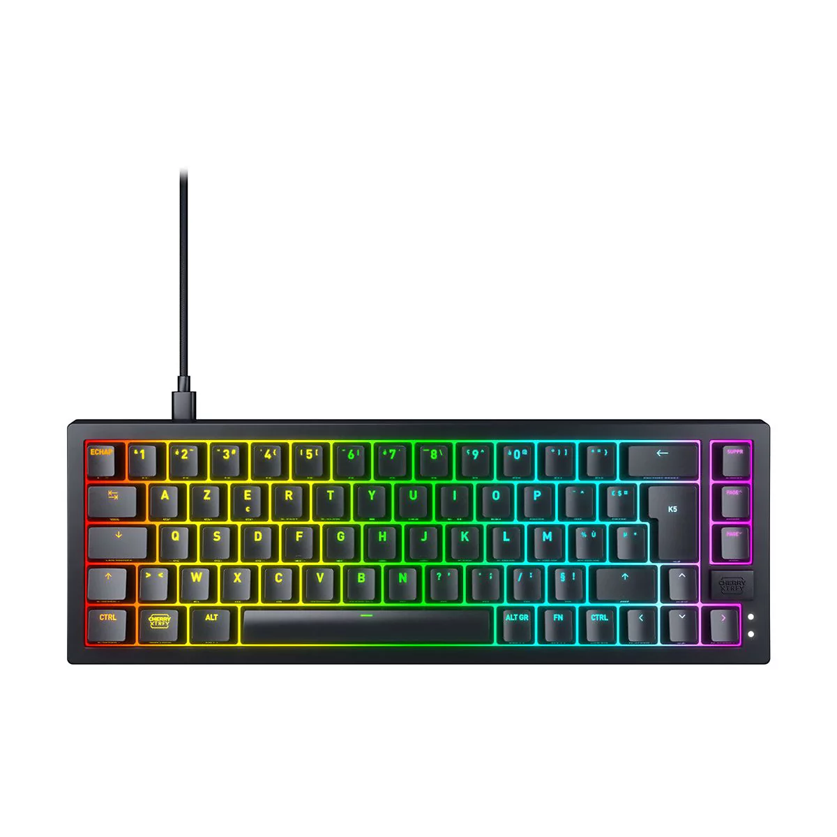 Schwarze mechanische Tastatur mit RGB-Beleuchtung. Tasten farblich beleuchtet, Kabel nach oben.