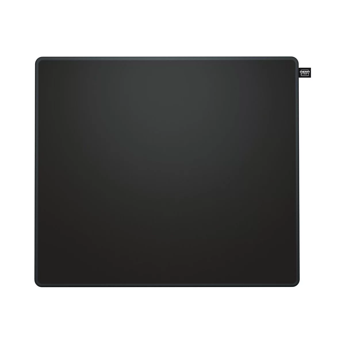 Schwarzes rechteckiges Mauspad mit Logo in der Ecke. Rechteckiger, leicht abgerundeter Rand.