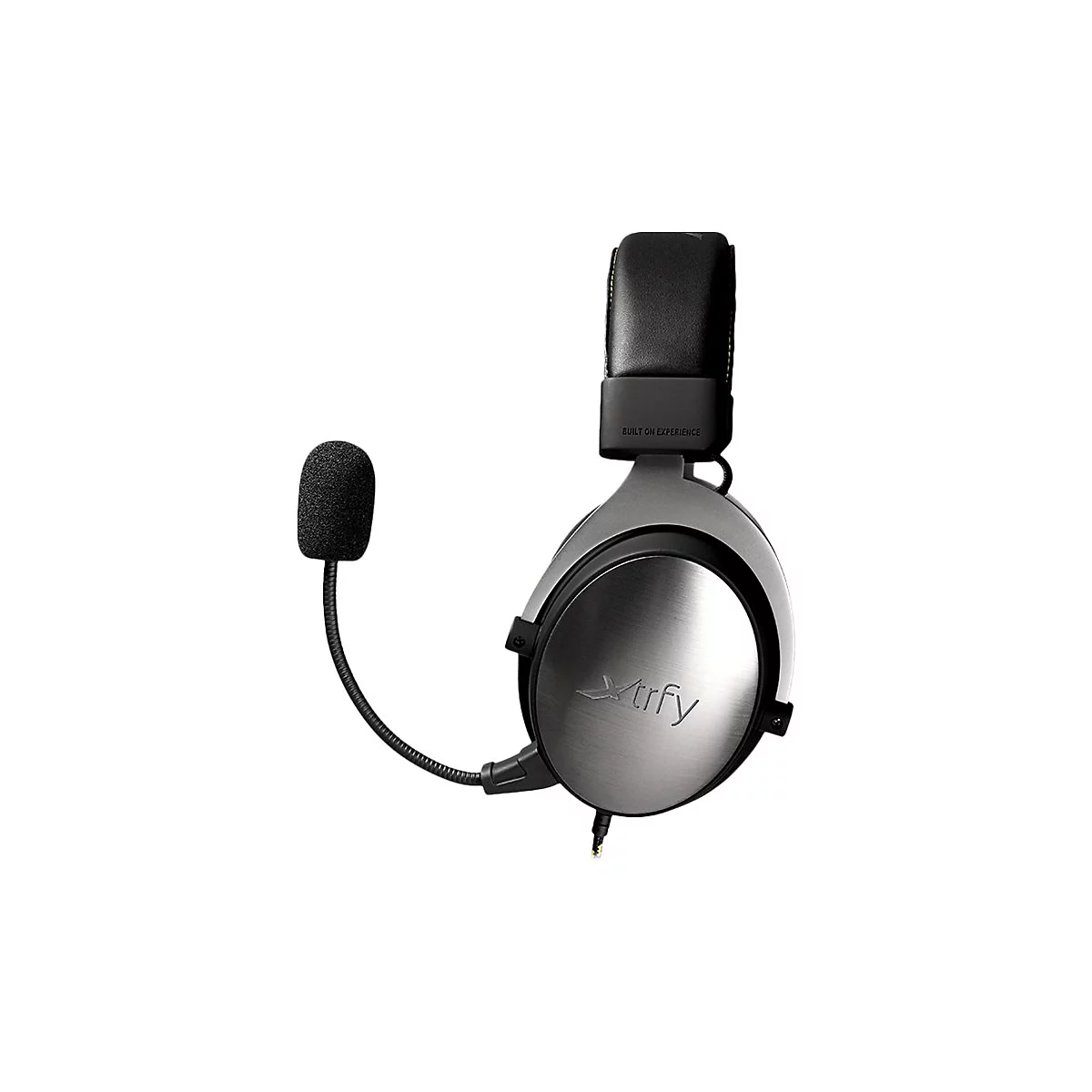 Graue Over-Ear-Kopfhörer mit Mikrofon, silbernem Logo. Schwarzes Kopfband mit Schriftzug 'Built on Experience'.