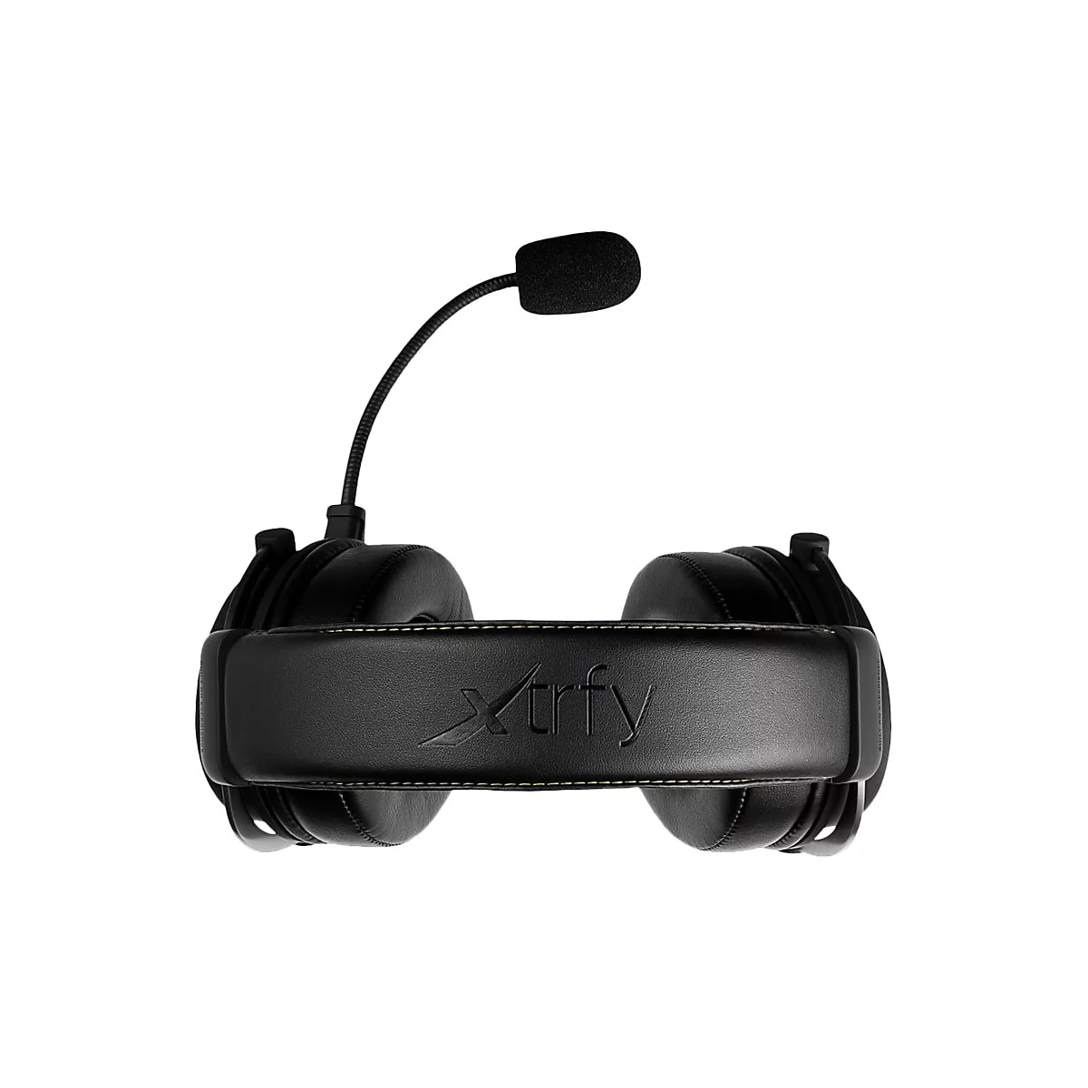 Schwarzes Gaming-Headset mit Mikrofon und geprägtem Logo.