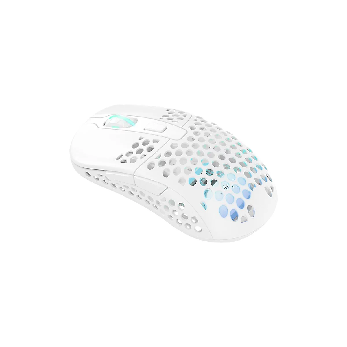 Weiße Gaming-Maus mit Wabenmuster und blauen Akzenten. Ein Scrollrad mit blauem Licht.