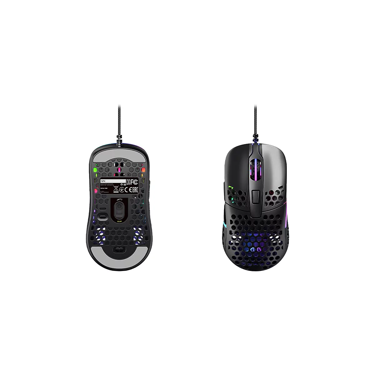 Schwarze Gaming-Maus mit Wabenmuster und LED-Beleuchtung, zwei Ansichten: Ober- und Unterseite.