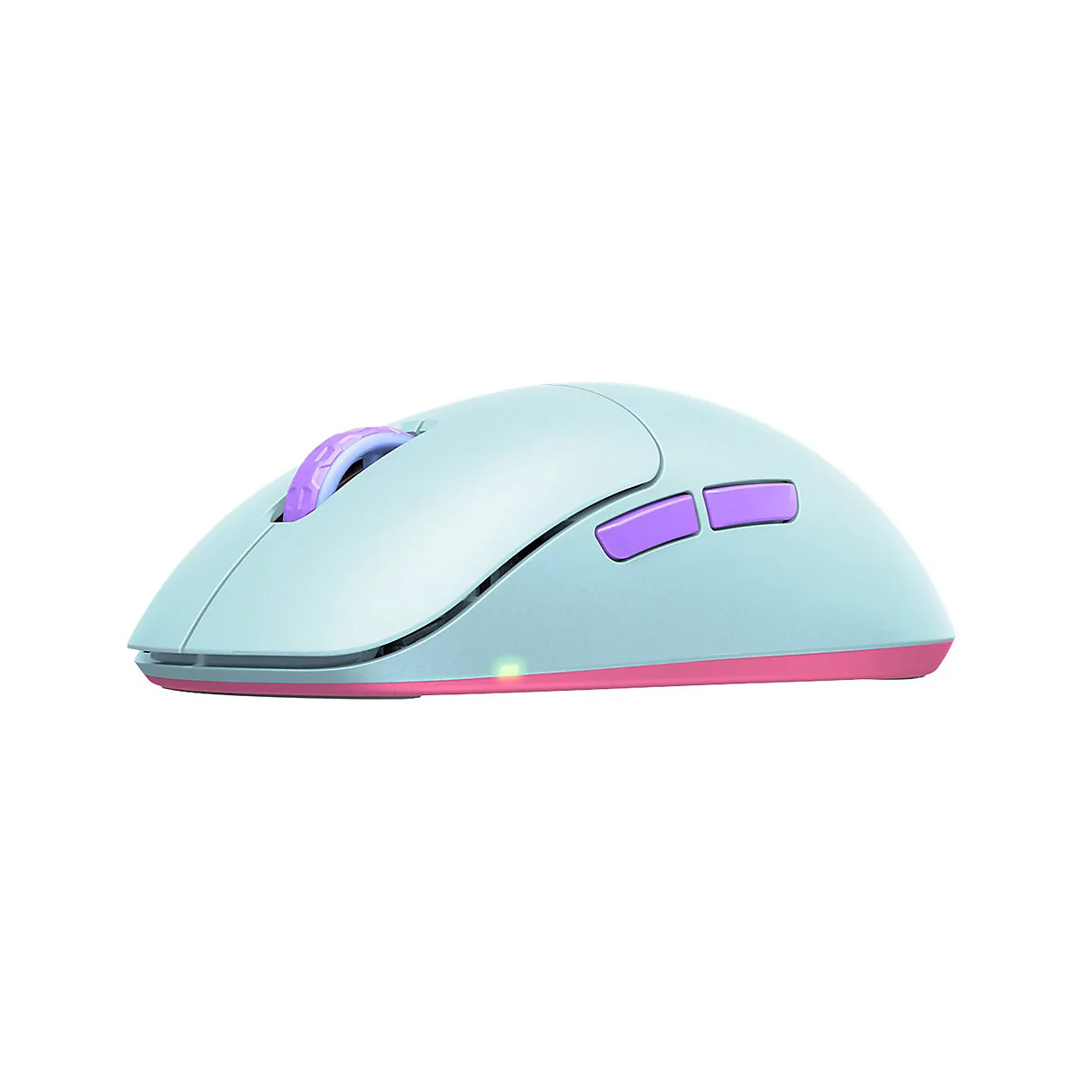 Hellblauer, ergonomischer PC-Maus mit lila Akzenten und pinkfarbener Basis. Scrollrad und Knöpfe in Lila.