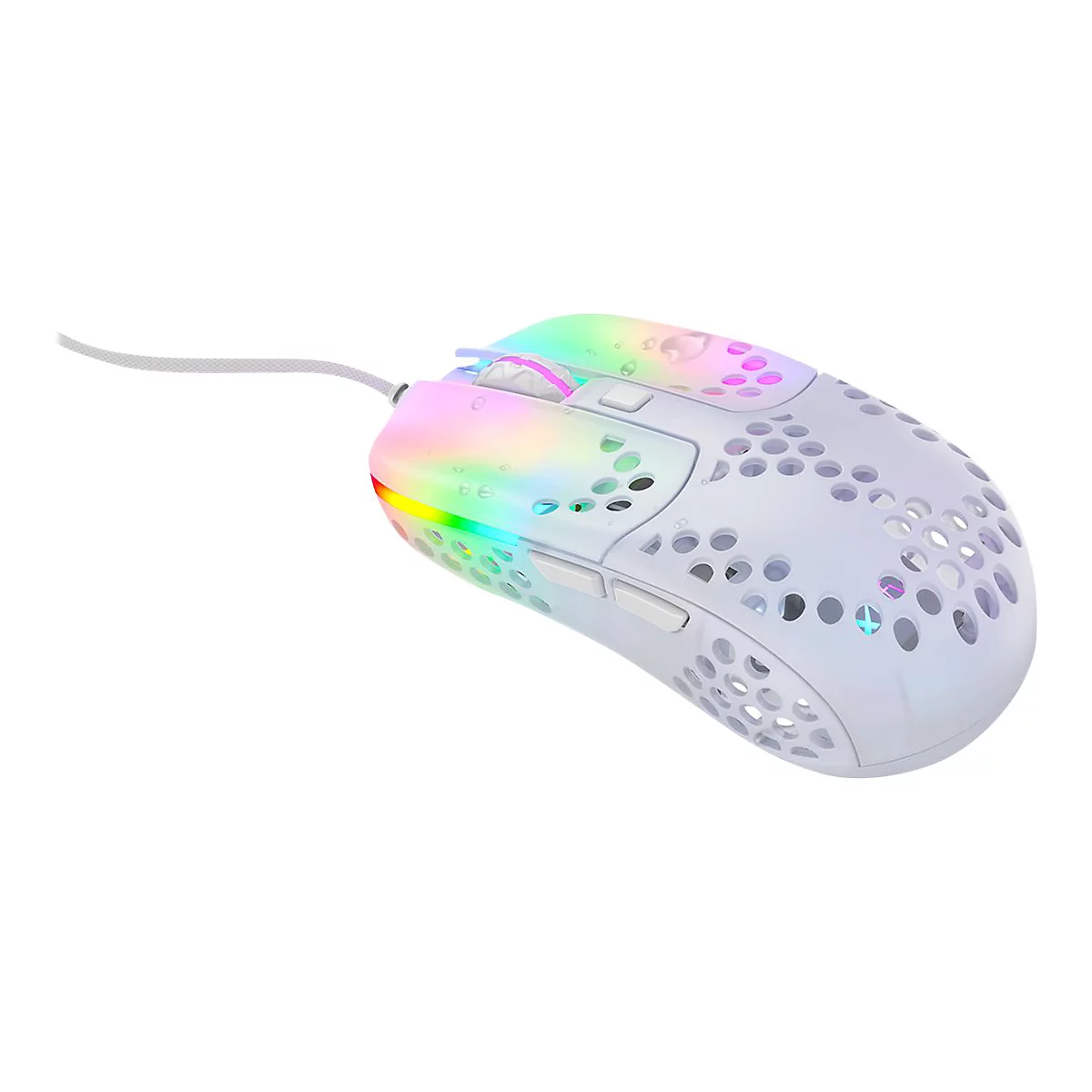 Weiße Gaming-Maus mit RGB-Beleuchtung und Lochdesign. Kabelanschluss. Die Oberfläche glänzt in Regenbogenfarben.