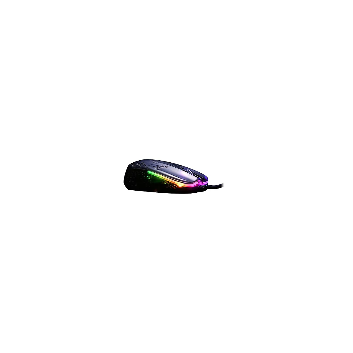 Schwarze Gaming-Maus mit RGB-Beleuchtung. Die Maus hat Löcher und ein Kabel.