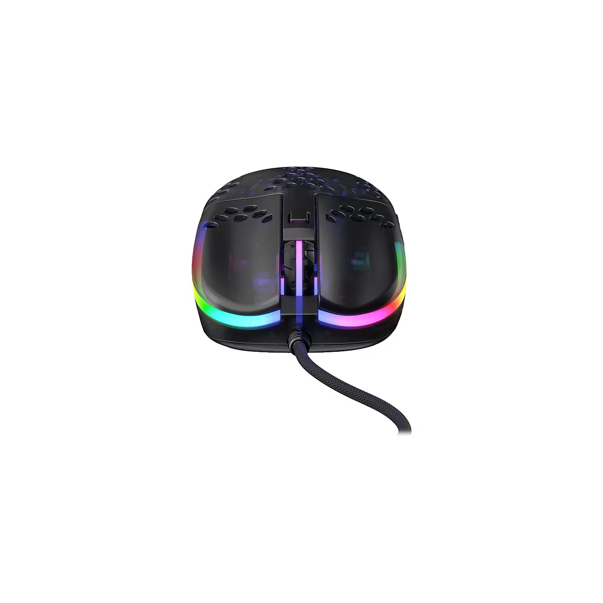 Schwarze Gaming-Maus mit RGB-Beleuchtung und geflochtenem Kabel. Das Design ist modern, futuristisch und auf Gaming ausgelegt.