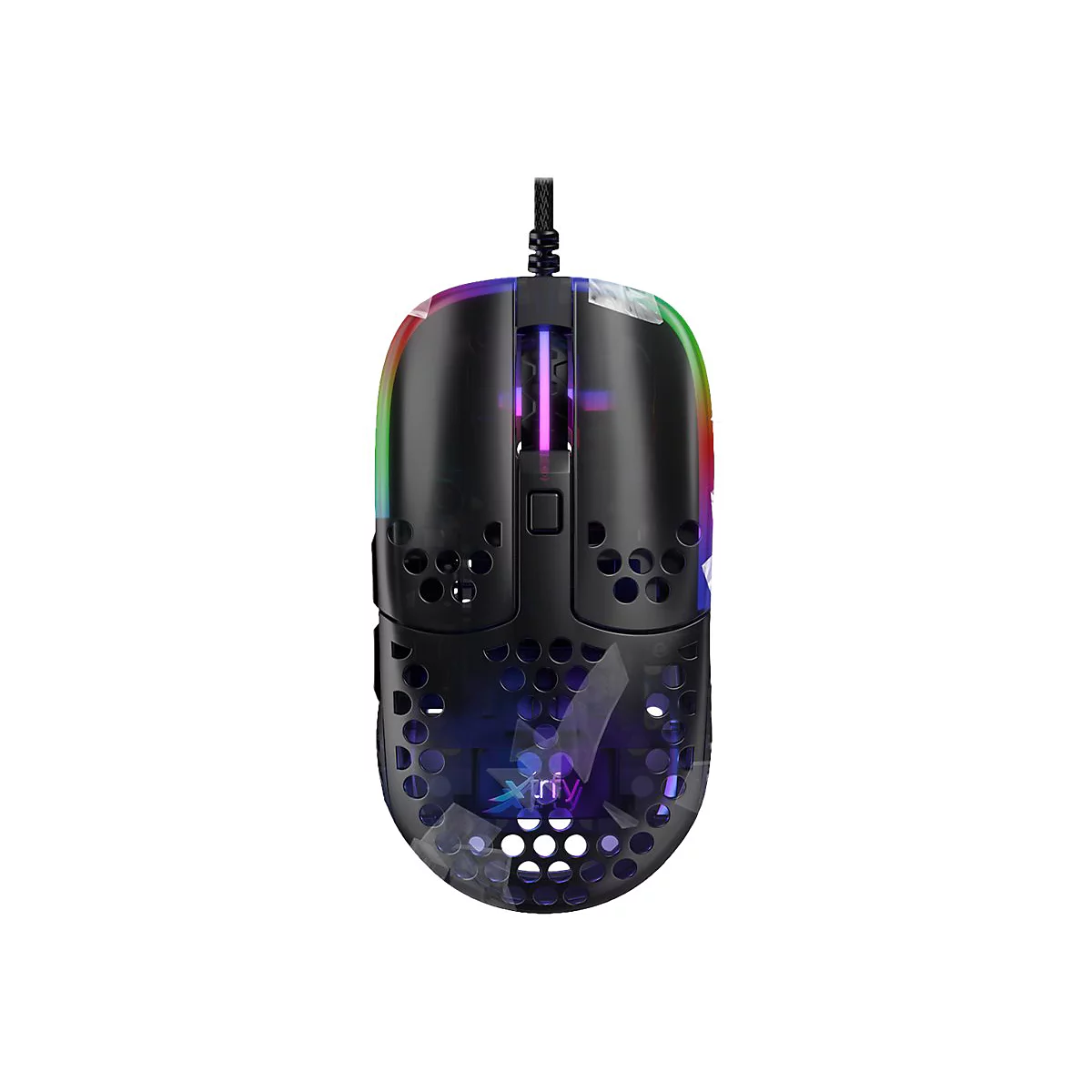 Schwarze Gaming-Maus mit RGB-Beleuchtung und perforierter Oberfläche. Kabel nach oben.