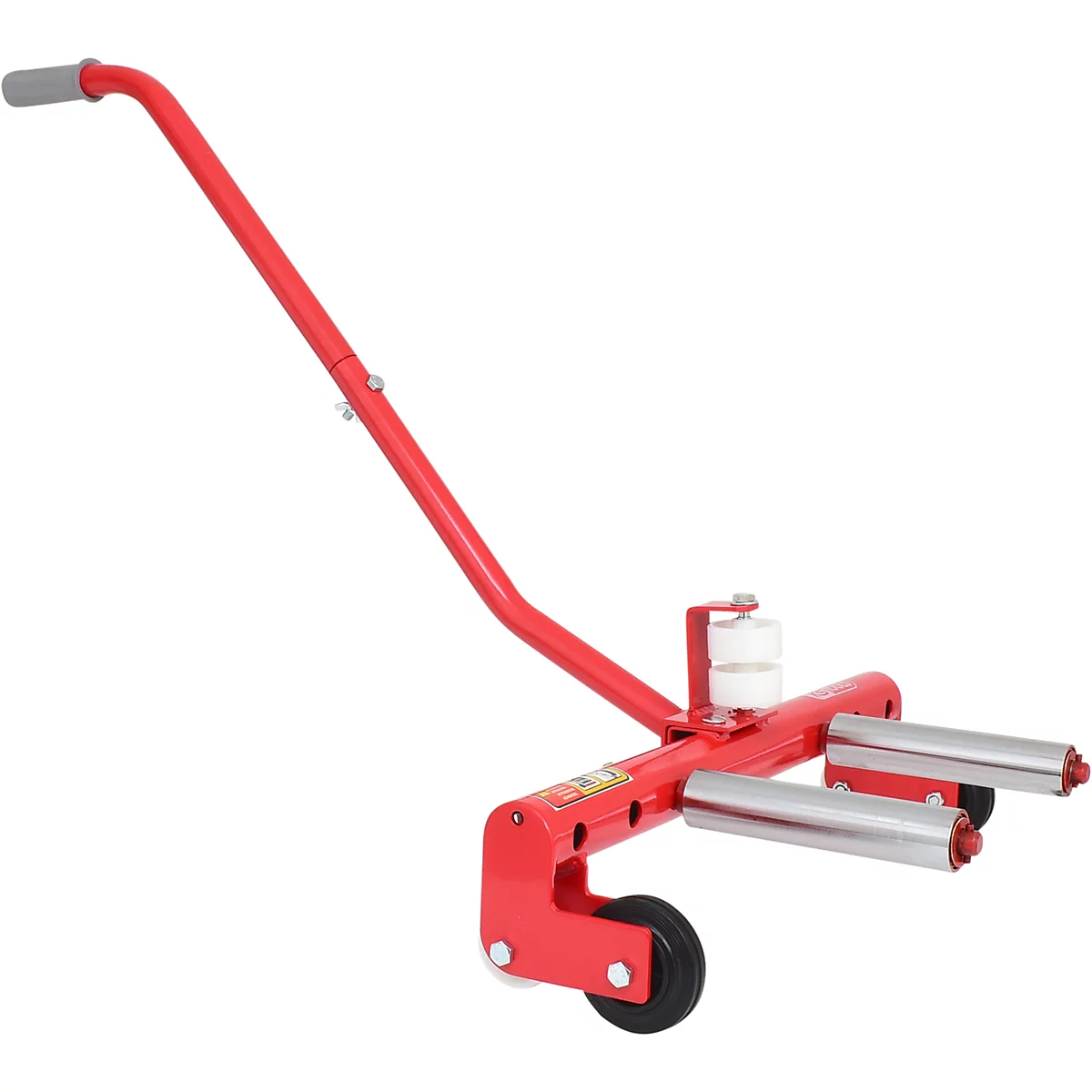 Roter Heber mit Griff und Rollen zum Transport von Objekten.
