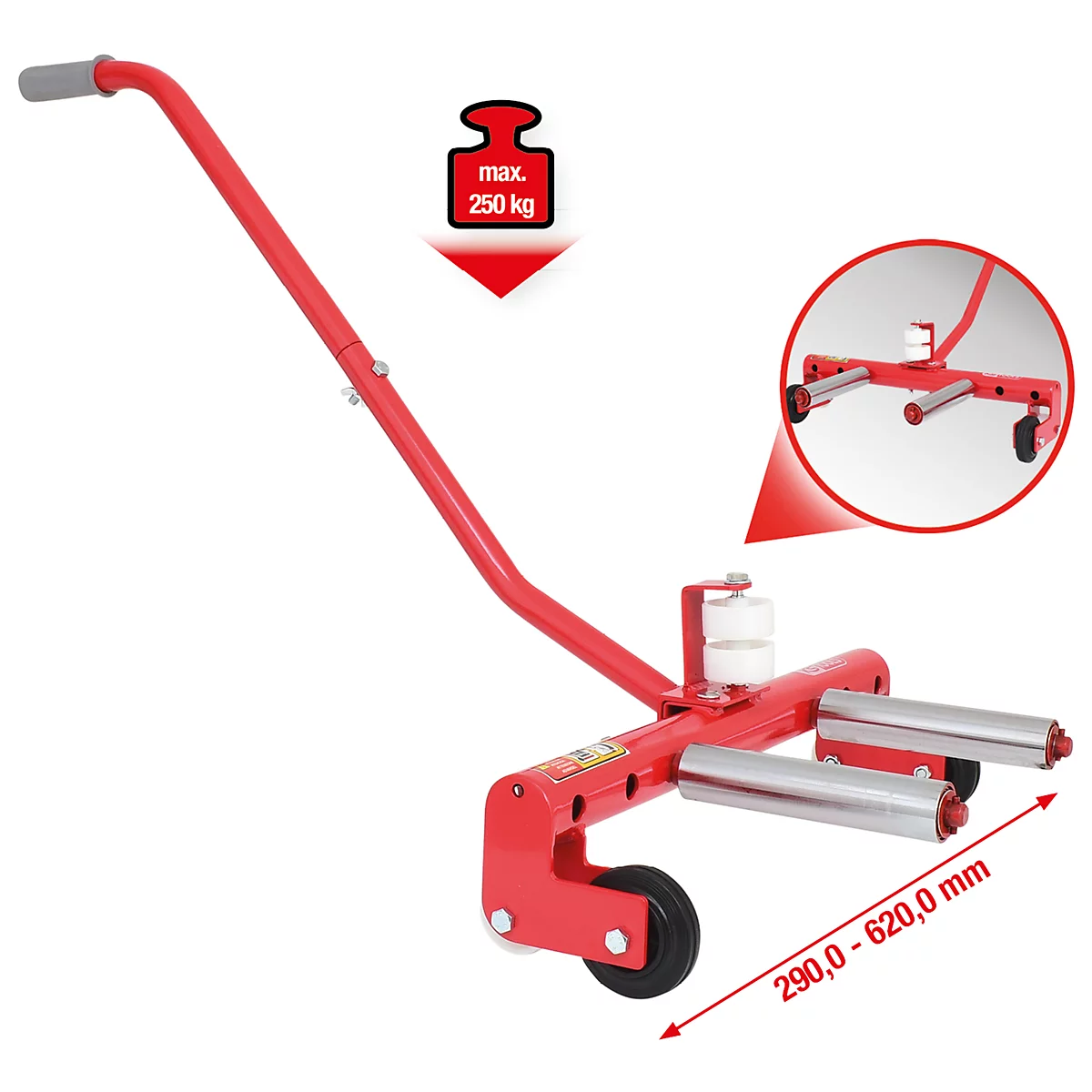 Roter Reifenheber mit zwei Rollen, einem Griff und einer maximalen Tragfähigkeit von 250 kg.