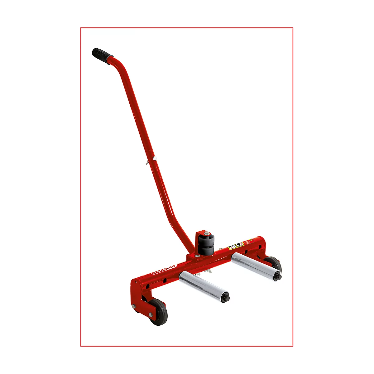 Roter Wagenheber mit Griff und zwei Rollen, vor weißem Hintergrund.