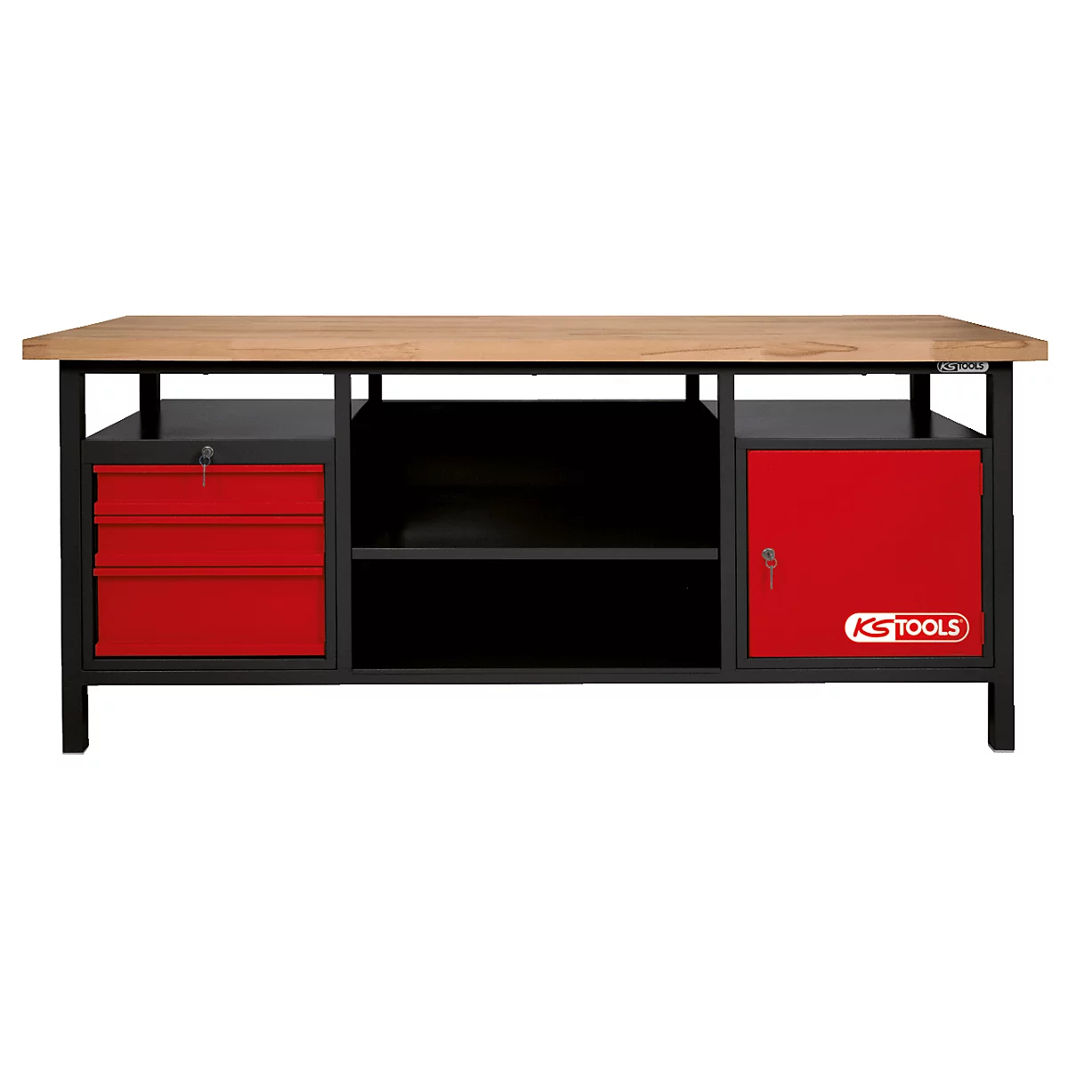 Werkbank mit Holzplatte, schwarzem Gestell und roten Schubladen/Schrank. KS TOOLS Logo.