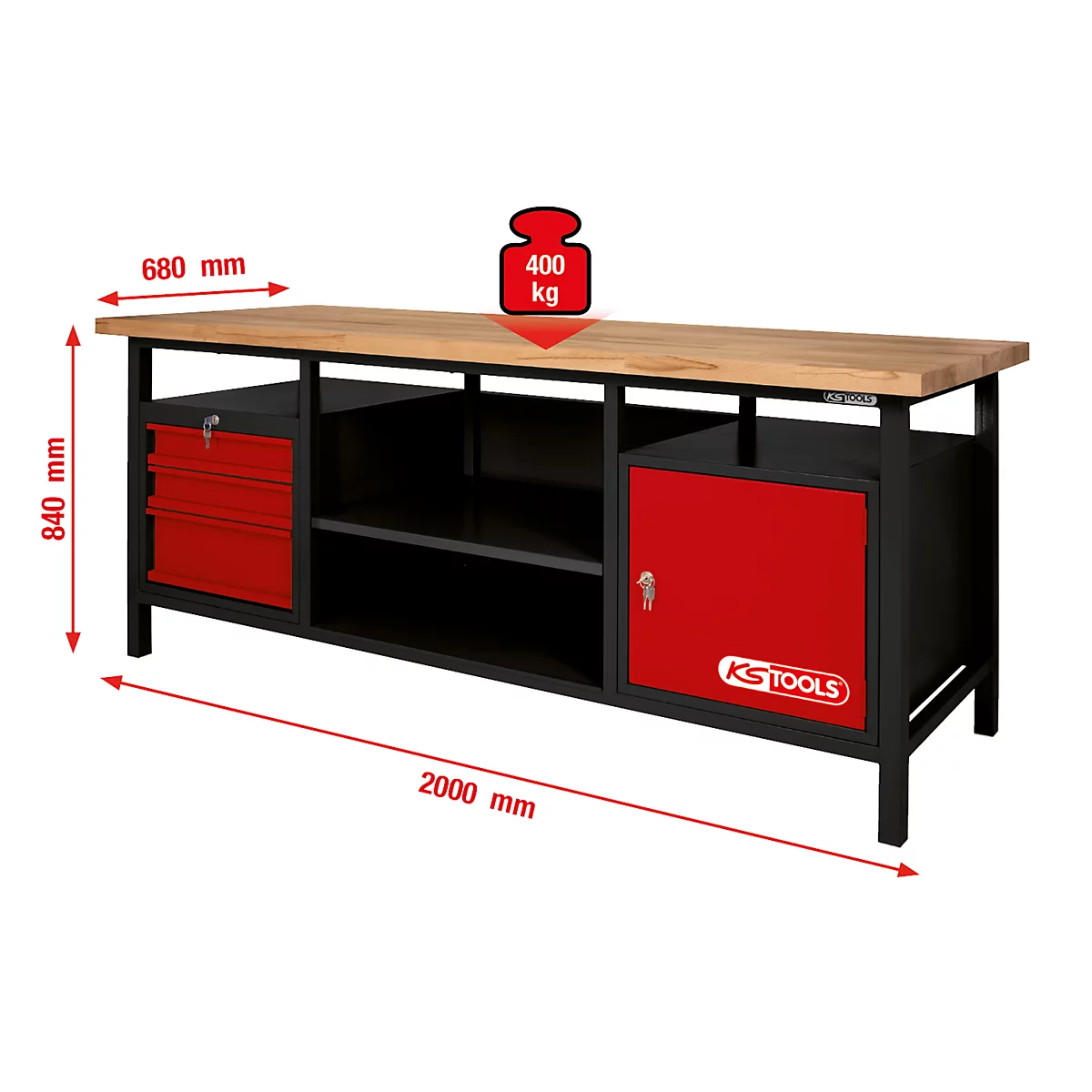 Werkbank mit Holzplatte, roten Schubladen und Schranktüren. Maße: 2000x840x680 mm, 400 kg belastbar. KS TOOLS-Logo.