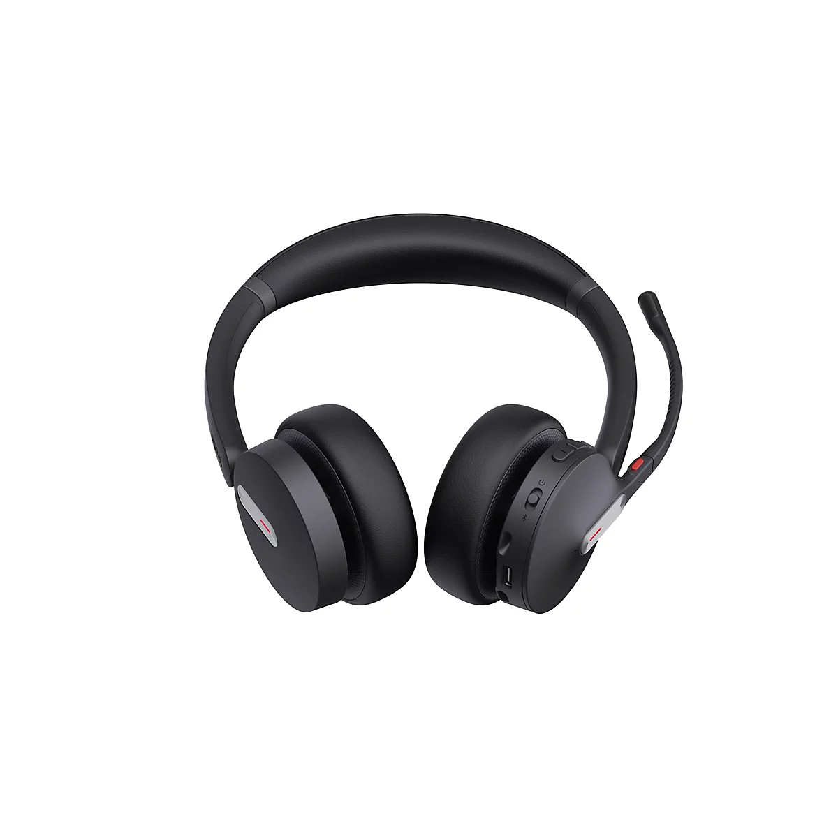 Schwarzes Wireless-Headset mit Ohrpolstern, verstellbarem Kopfbügel und seitlich ausklappbarem Mikrofonarm.