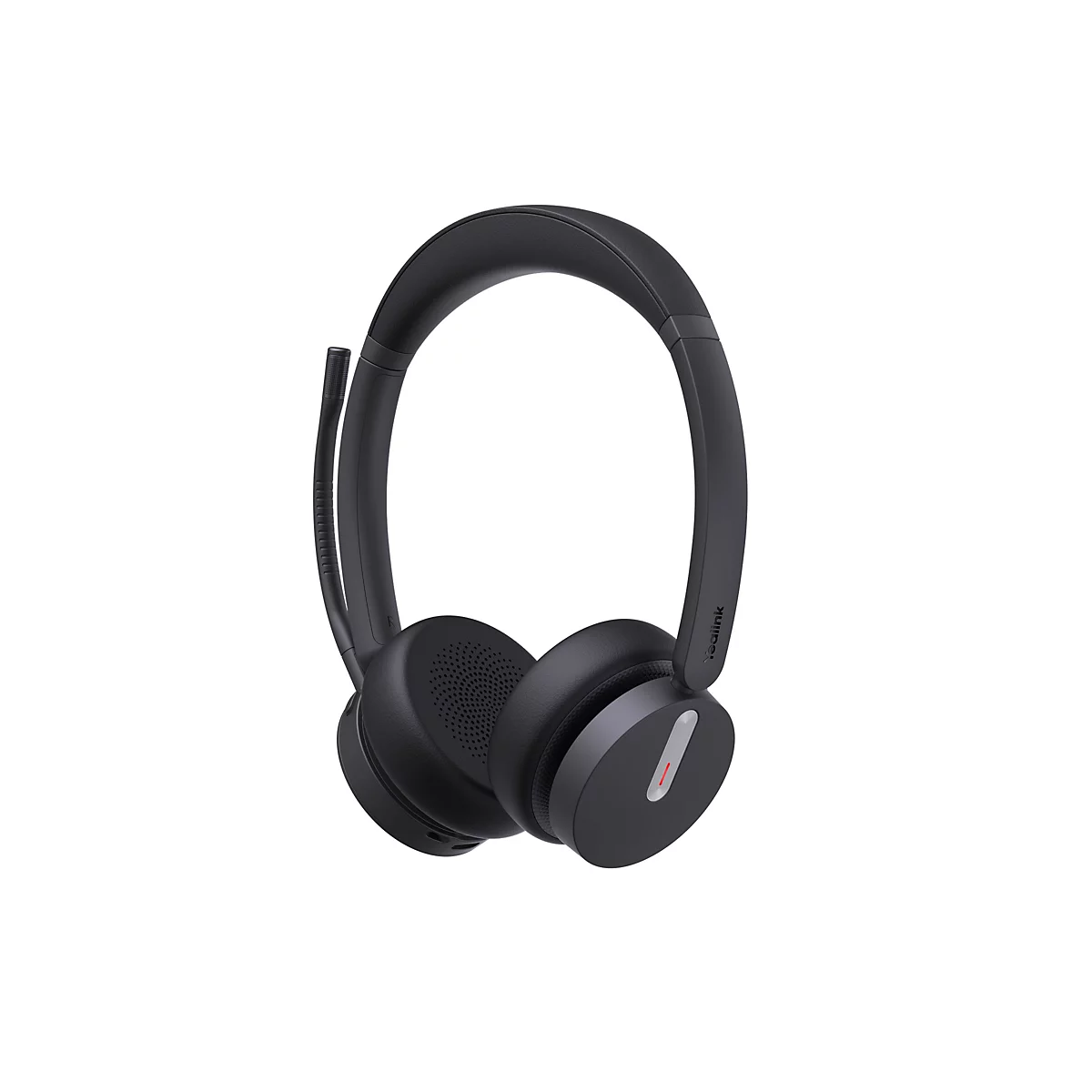 Schwarzes Yealink Headset mit gepolstertem Bügel und Mikrofonarm vor weißem Hintergrund.