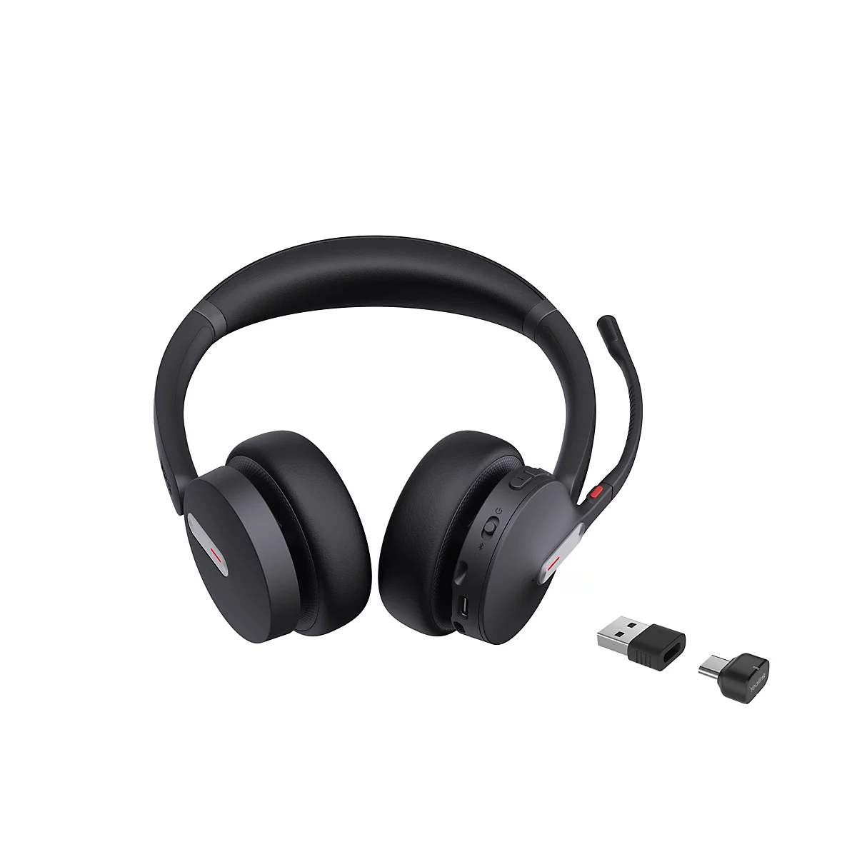 Schwarzes kabelloses Yealink Headset mit Mikrofonarm und zwei USB-Dongles vor weißem Hintergrund.