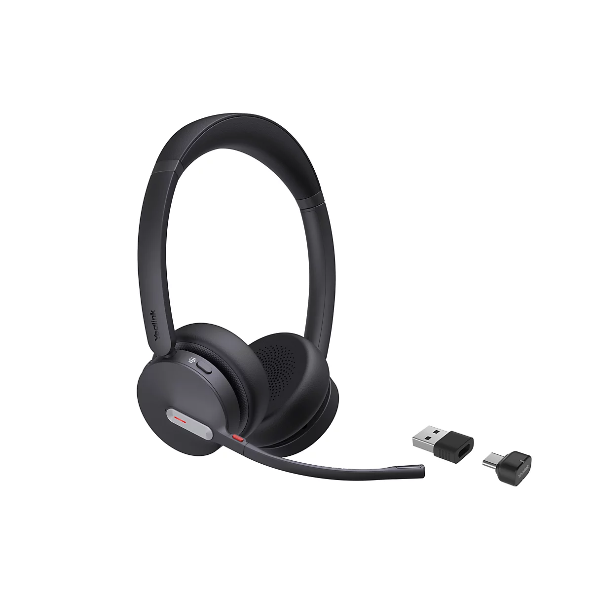 Schwarzes kabelloses Yealink Headset mit Mikrofonarm und zwei USB-Dongles vor weißem Hintergrund.