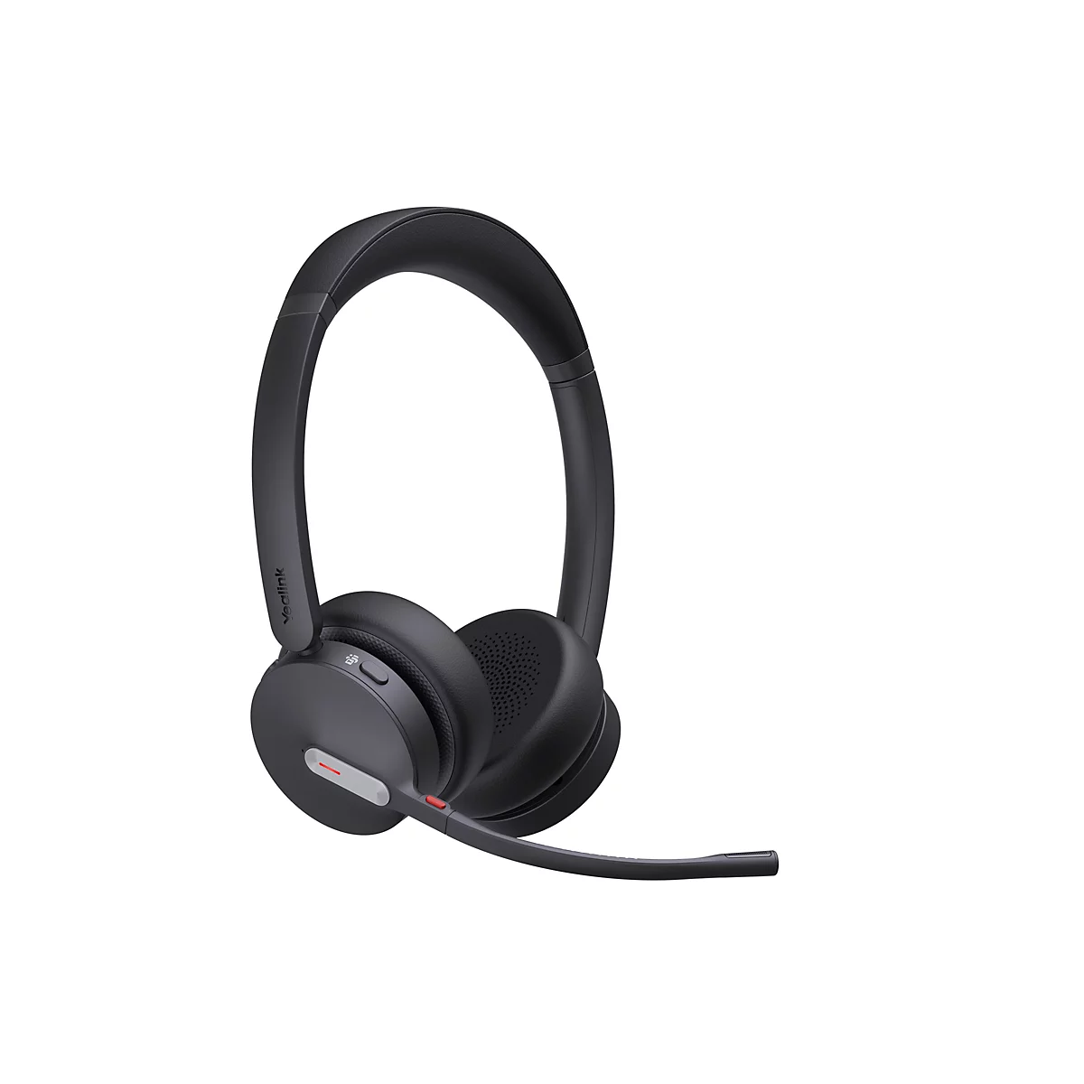 Schwarzes Yealink Headset mit Mikrofonarm vor weißem Hintergrund.