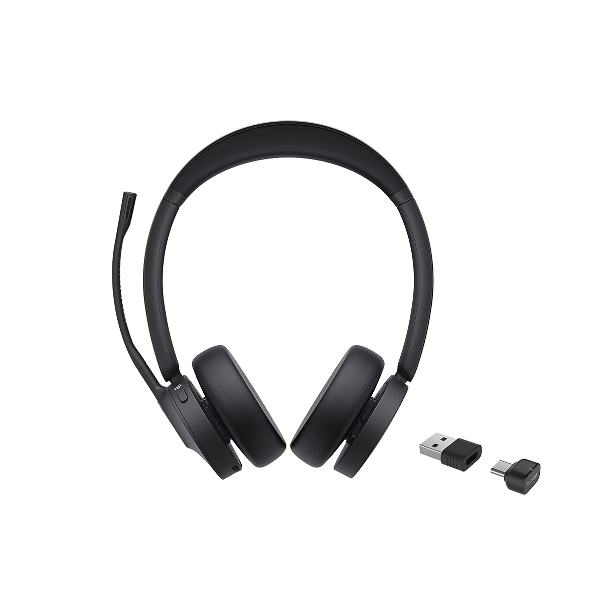 Schwarzes kabelloses Headset mit Mikrofonarm sowie ein USB-A- und ein USB-C-Adapter vor weißem Hintergrund.