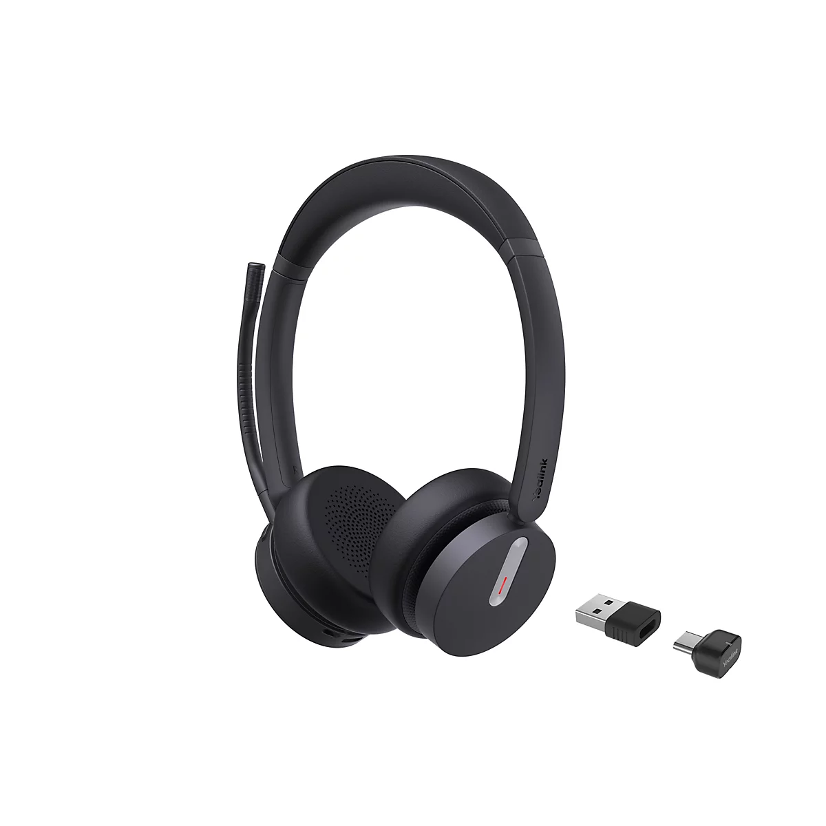 Schwarzes Yealink Headset mit Mikrofonarm und zwei USB-Dongles vor weißem Hintergrund.