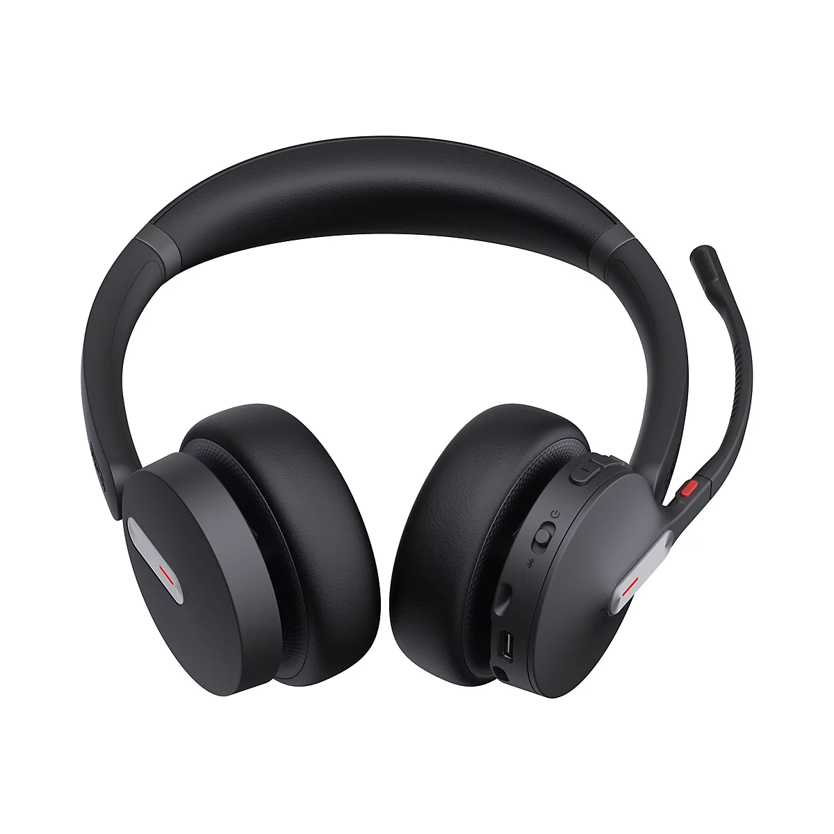 Schwarzes Wireless-Headset mit Kopfbügel, weichen Ohrpolstern und schwenkbarem Mikrofonarm vor weißem Hintergrund.