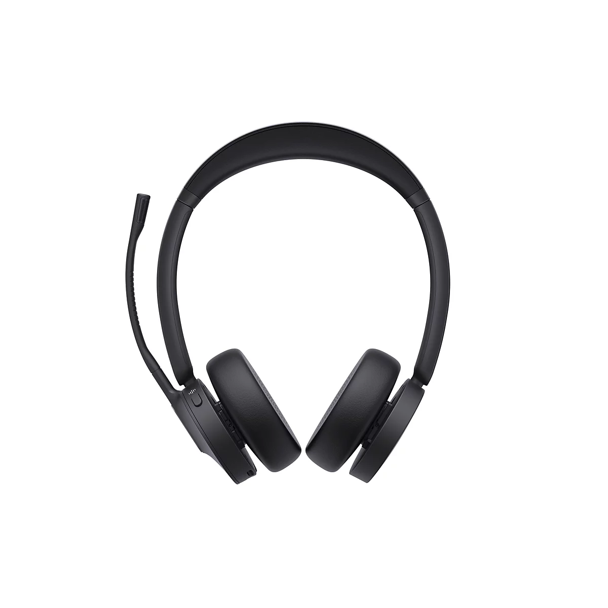 Schwarzes On-Ear-Headset mit klappbarem Mikrofonarm auf weißem Hintergrund.