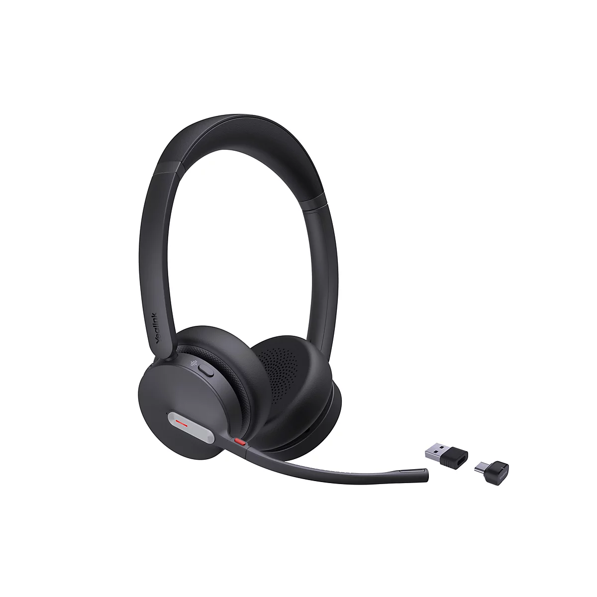 Drahtloses schwarzes Headset mit Mikrofon und drei Adaptern auf weißem Hintergrund. Auf dem Bügel steht Yealink.