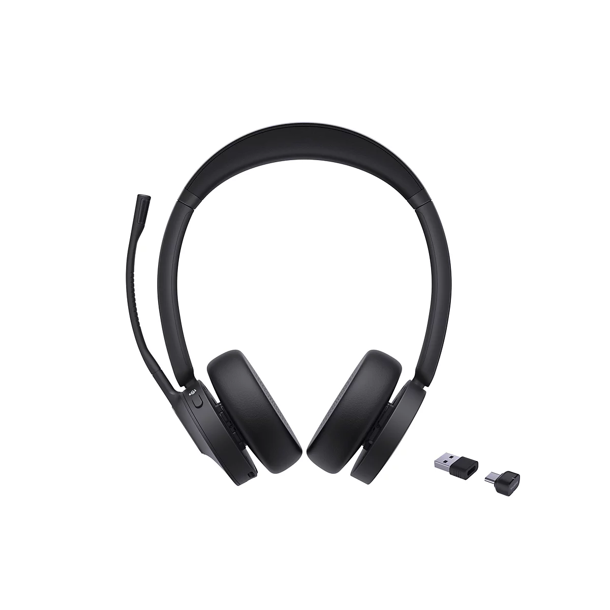 Schwarzes Headset mit Mikrofon und USB-Dongle auf weißem Hintergrund.