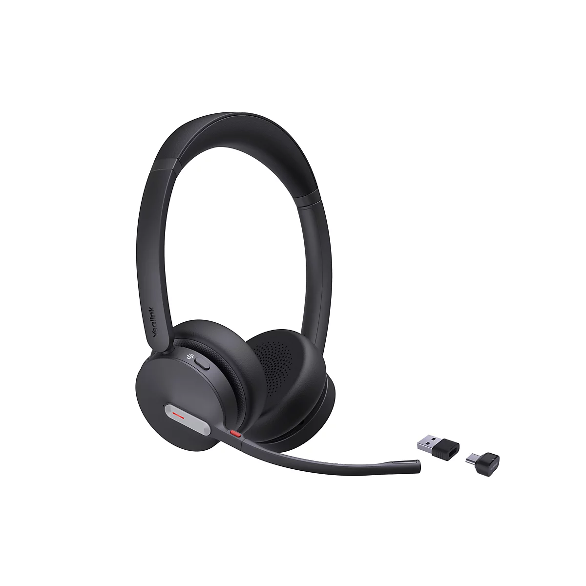 Schwarzes kabelloses Headset mit Mikrofon und Zubehör auf weißem Hintergrund. Logo "Yealink".