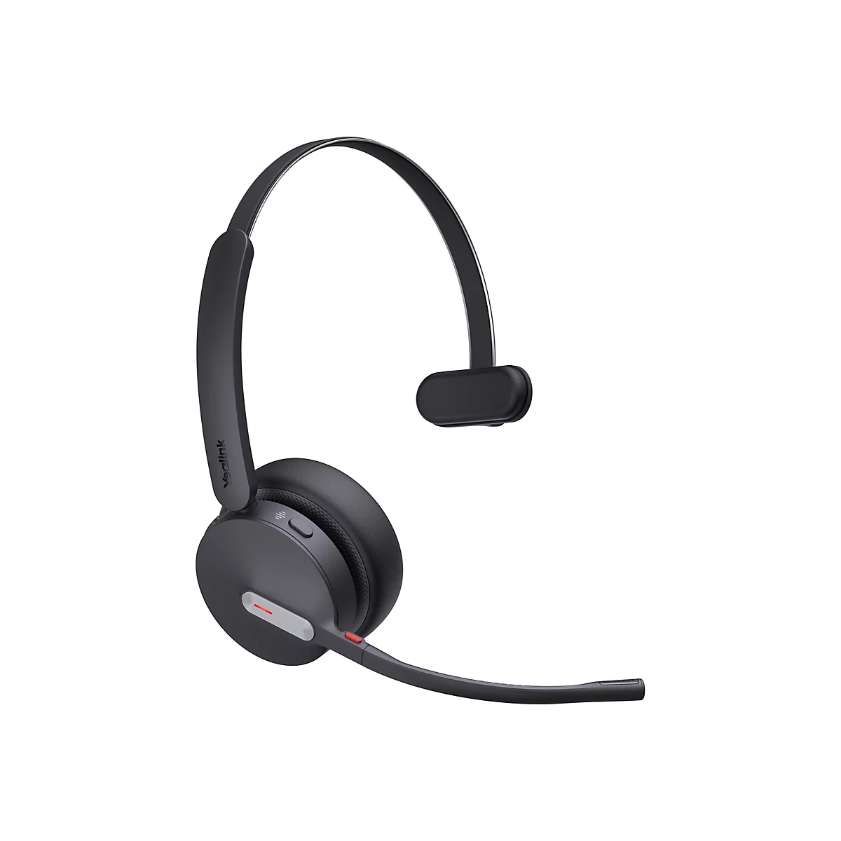 Schwarzes Yealink Mono-Headset mit einem Ohrpolster und Mikrofonarm vor weißem Hintergrund.