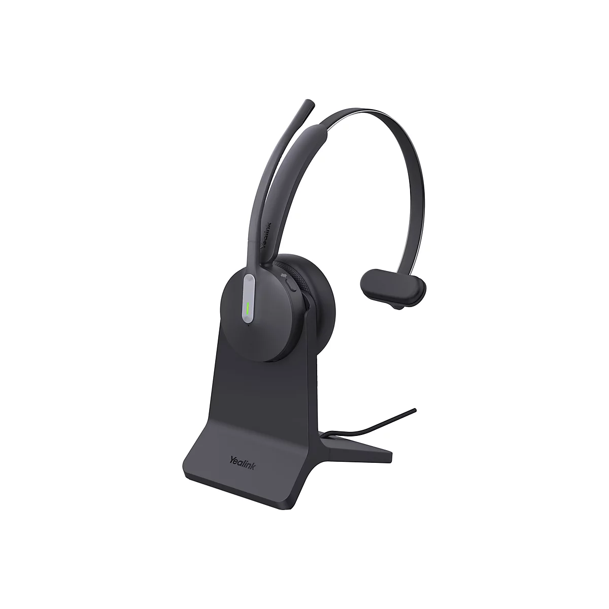 Schwarzes Yealink Headset auf einer Ladestation vor weißem Hintergrund.