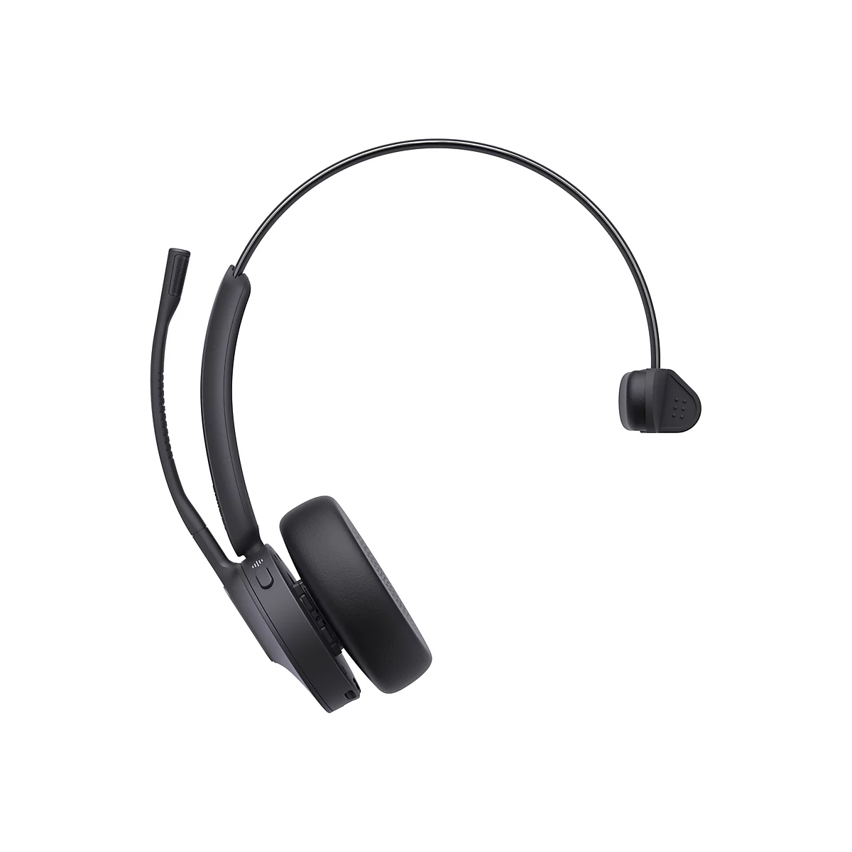Schwarzes einseitiges Headset mit Mikrofonarm und gepolsterter Hörmuschel vor weißem Hintergrund.