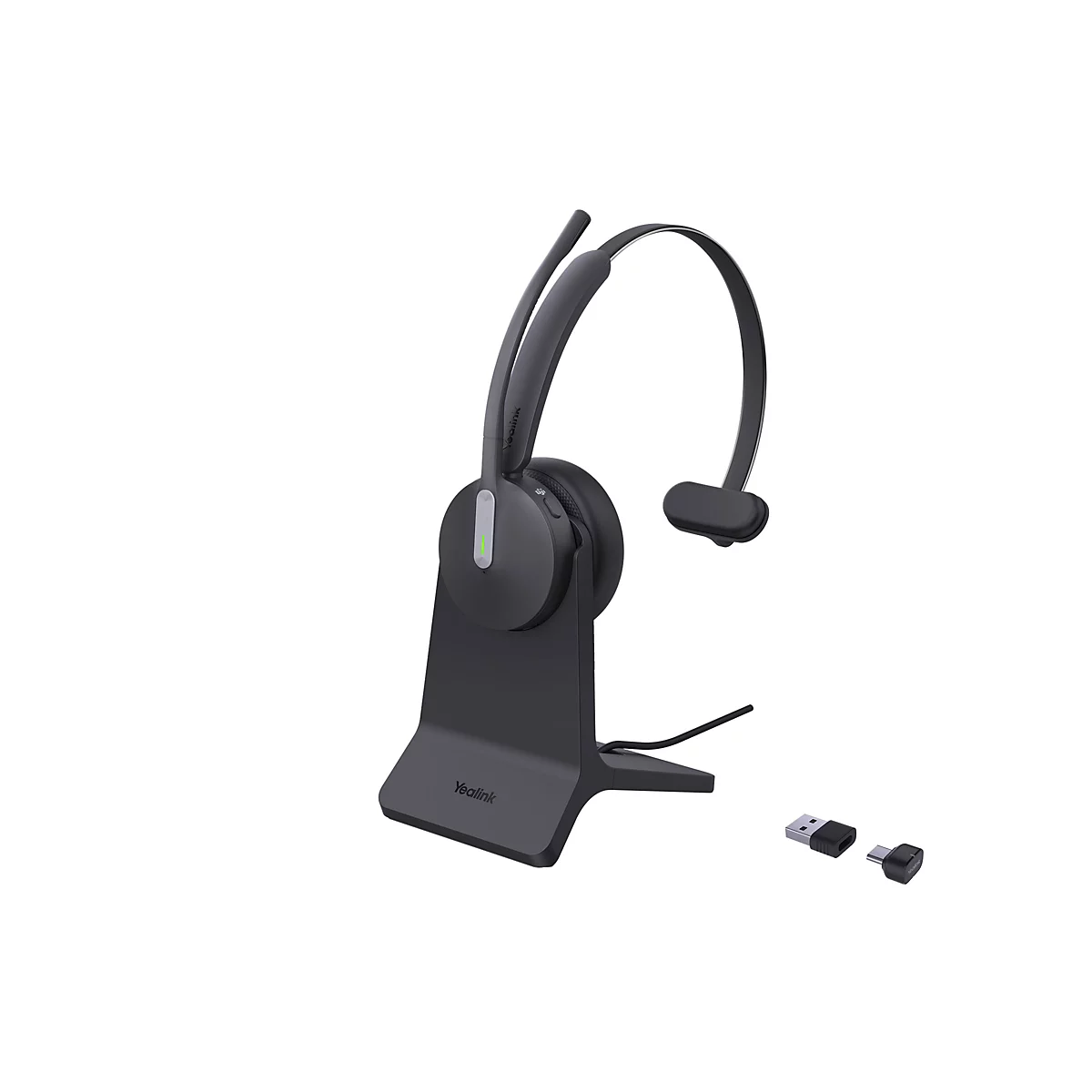 Drahtloses Headset mit Ladestation und USB-Adaptern, dunkelgrau, auf weißem Hintergrund. Das Headset steht auf einer Basis und hat einen Mikrofonarm.
