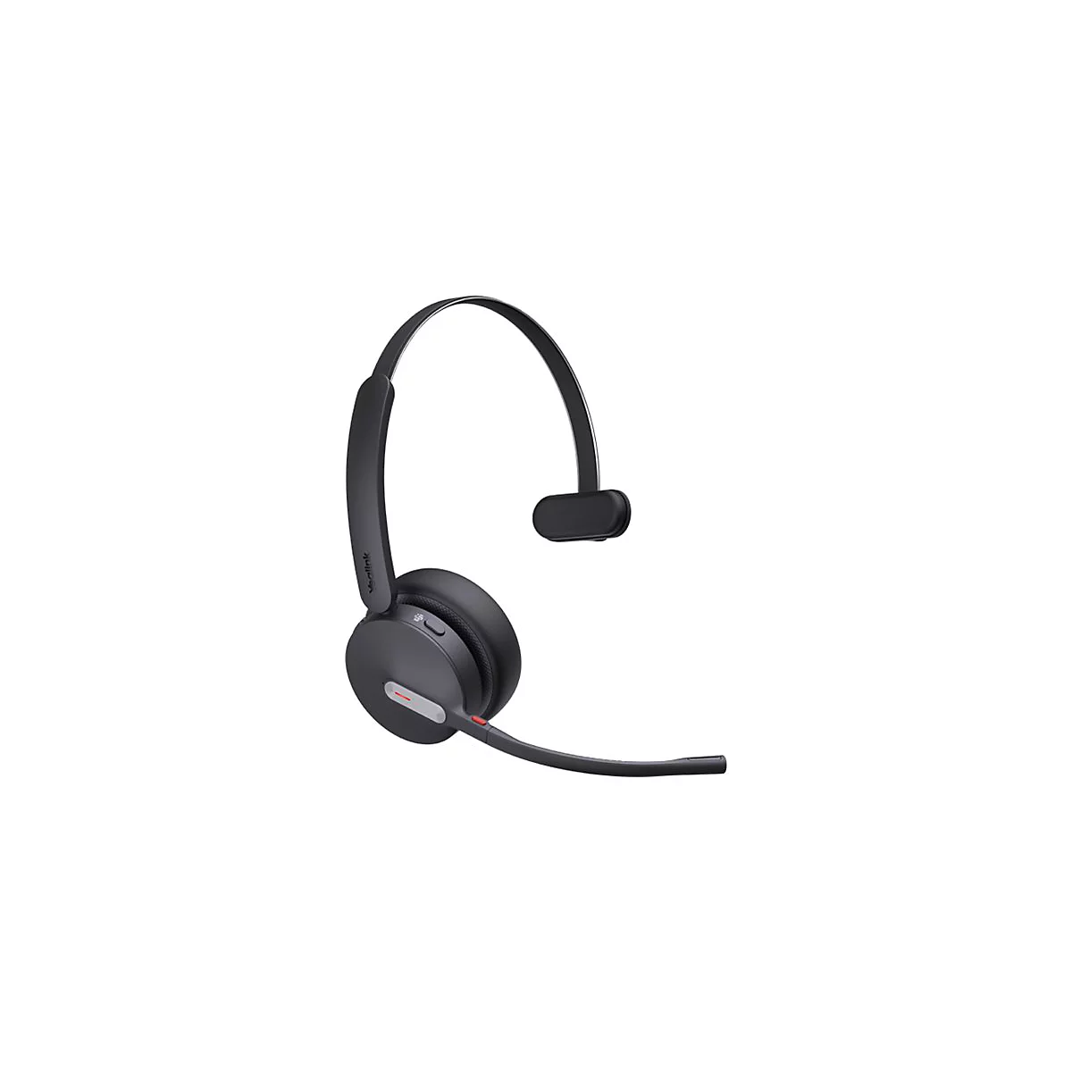 Drahtloses schwarzes Headset, das einen einzelnen KopfhÃ¶rer, einen Mikrofonarm und ein Stirnband umfasst.