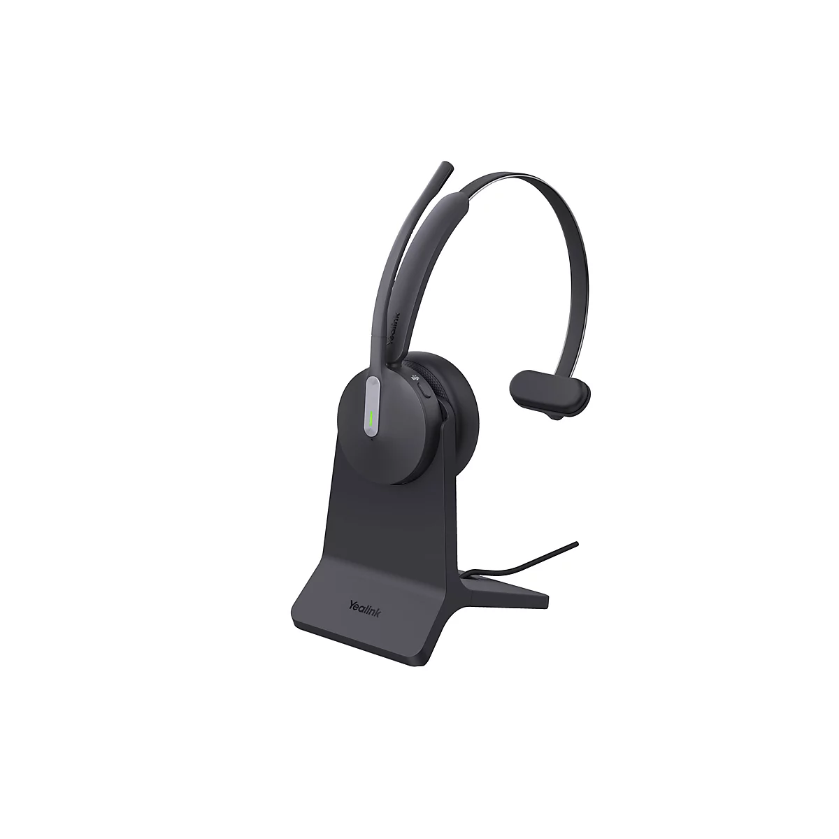 Drahtloses Headset auf einer Ladestation. Das Headset ist grau und hat einen verstellbaren Bügel. Die Ladestation ist schwarz. Der Schriftzug "Yealink" ist auf der Basis zu sehen.
