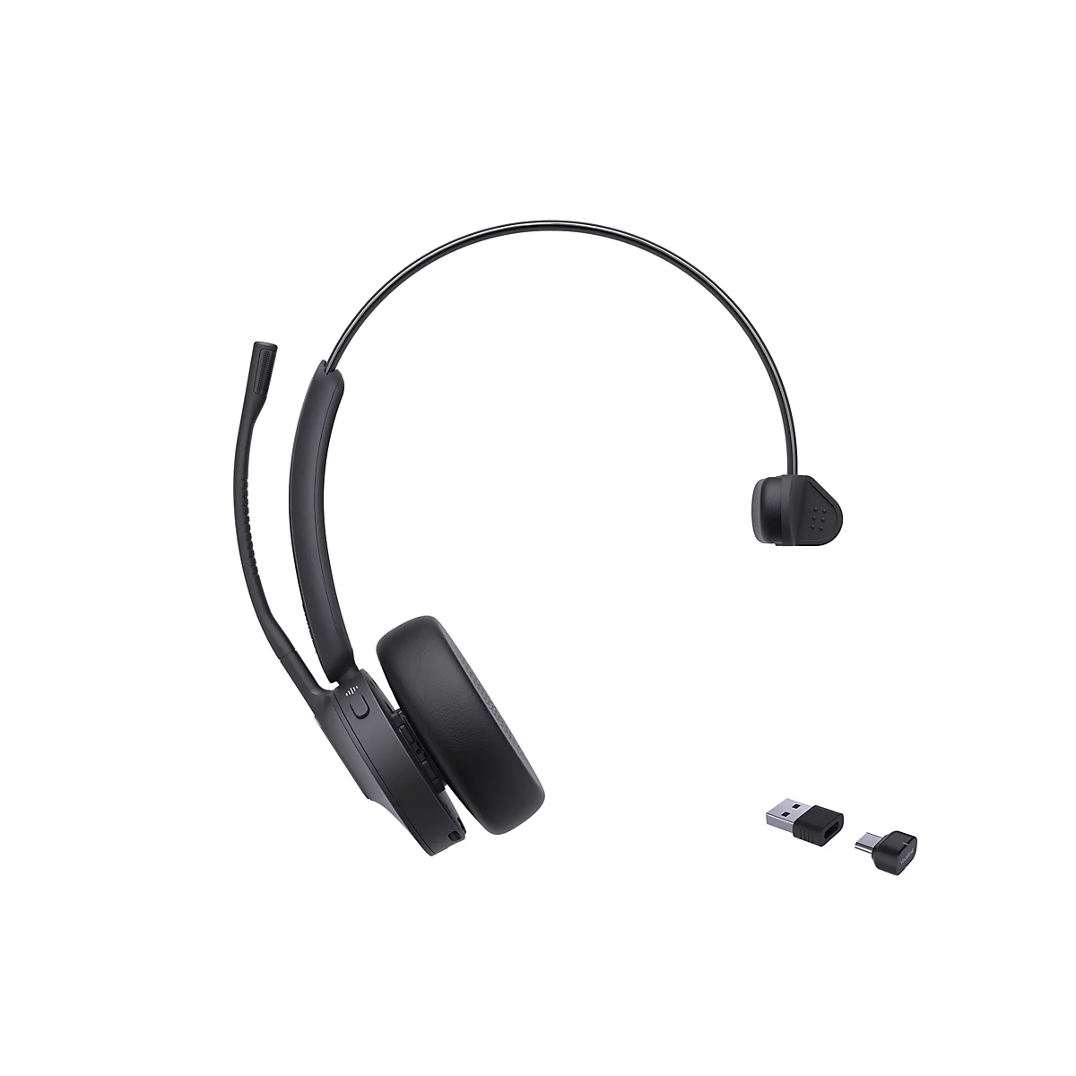 Schwarzes Headset mit Mikrofon und USB-Adapter, vor weißem Hintergrund. Das Headset hat ein Kopfband und einen drehbaren Mikrofonarm.