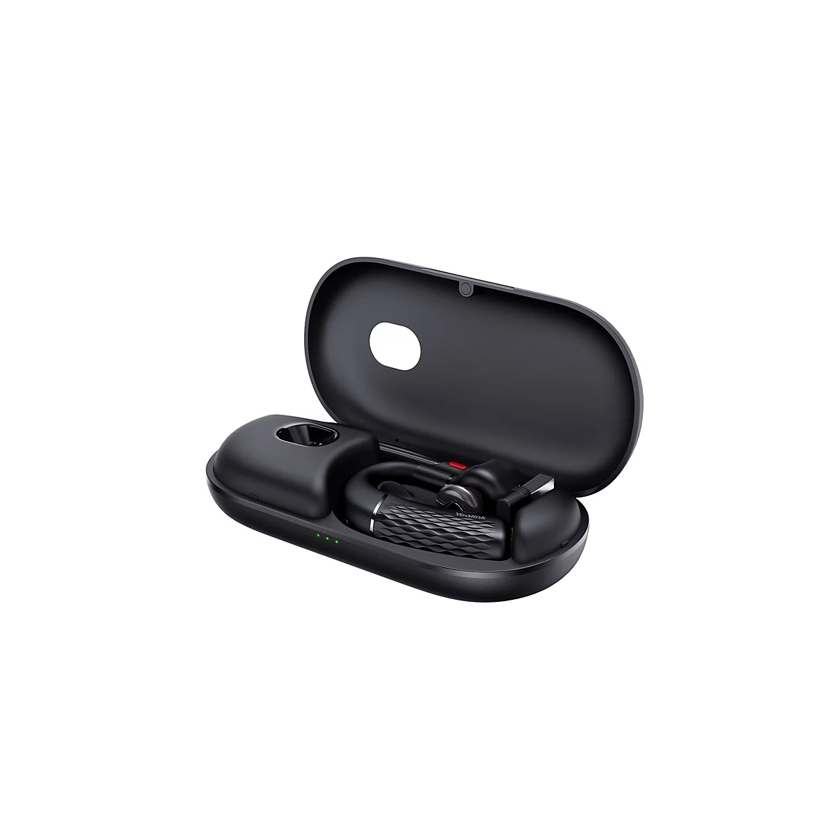 Offenes, schwarzes Ladeetui mit einem darin liegenden, kompakten Yealink Bluetooth-Headset auf weißem Hintergrund.